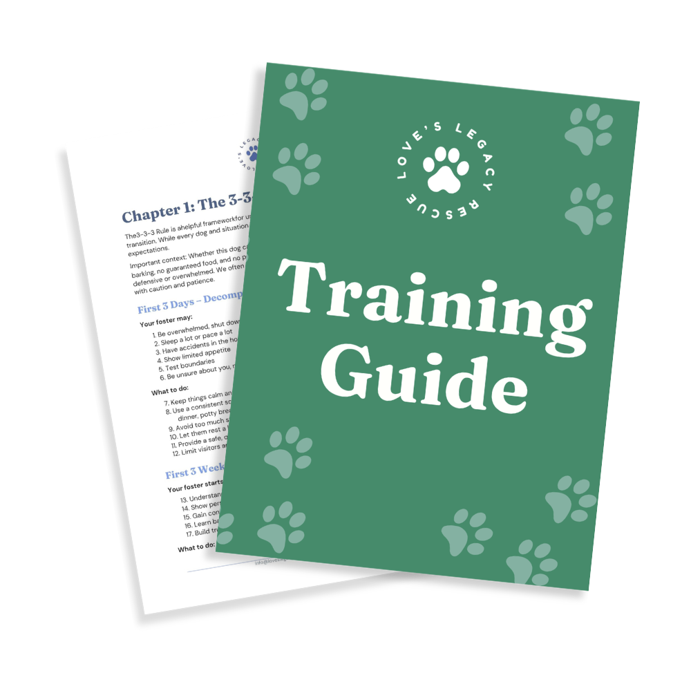 Cover page of a training guide with green background and white text, adorned with paw prints, titled 'Training Guide' from Love's Legacy Rescue.