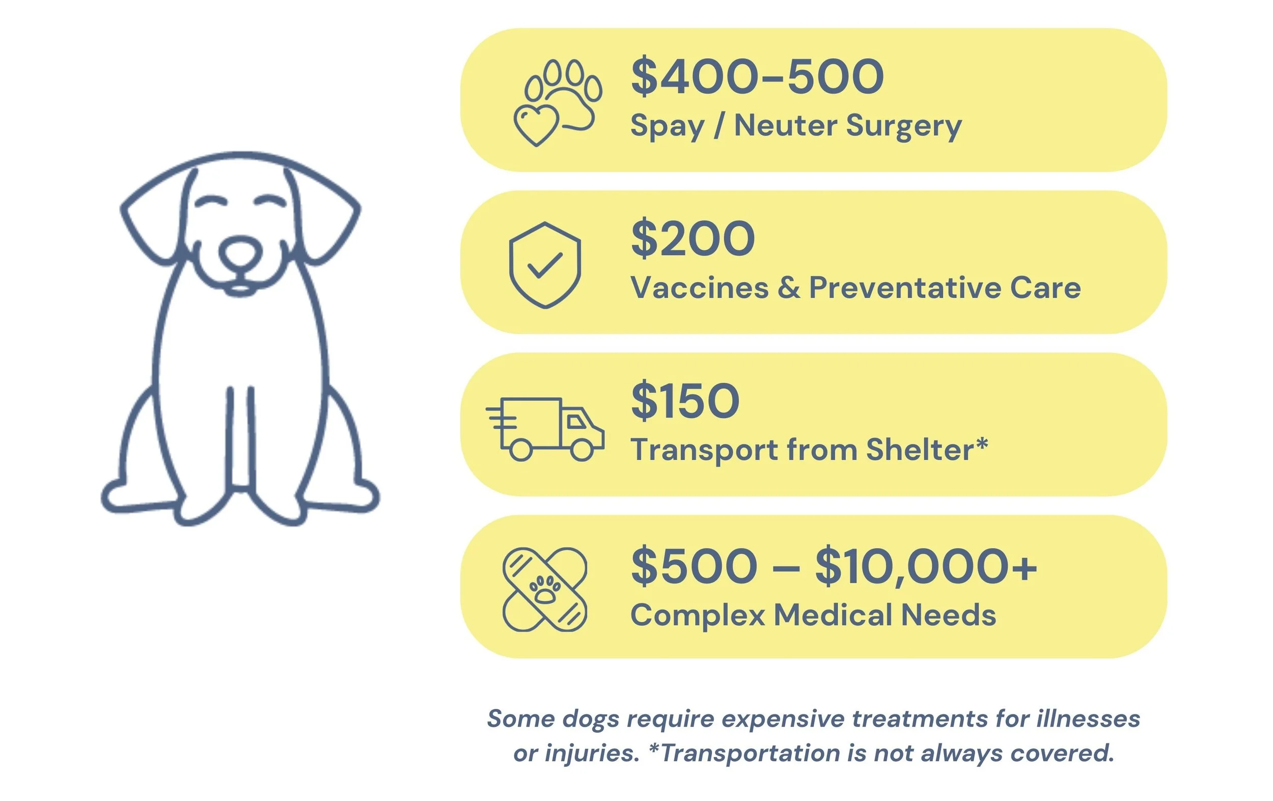 Line drawing of a happy dog with floppy ears and a smiling face, accompanied by cost and service information for pet medical procedures.