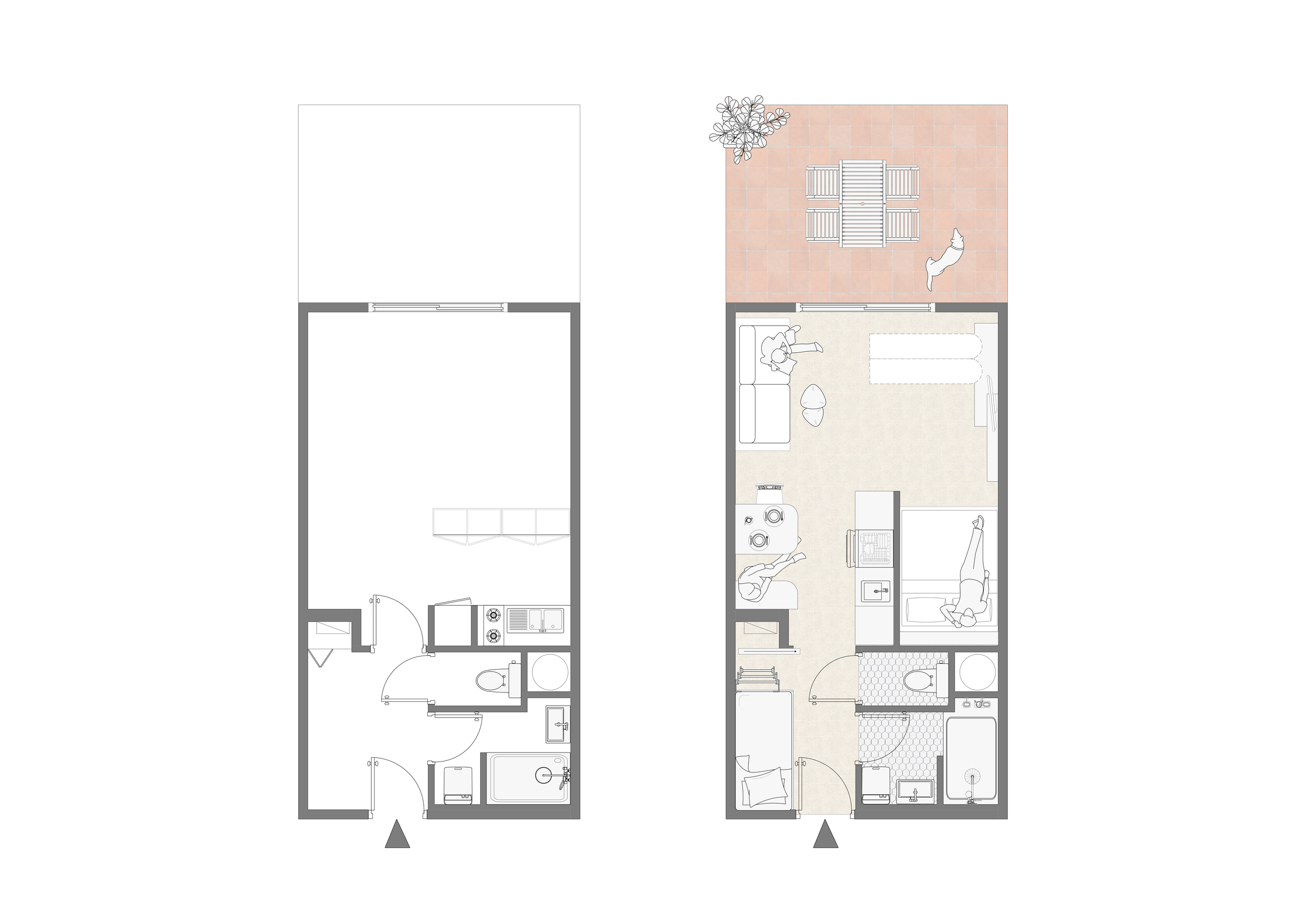 Plan d'intérieur d'un appartement avec salon, cuisine, salle à manger, escalier, fenêtres et mobilier divers.