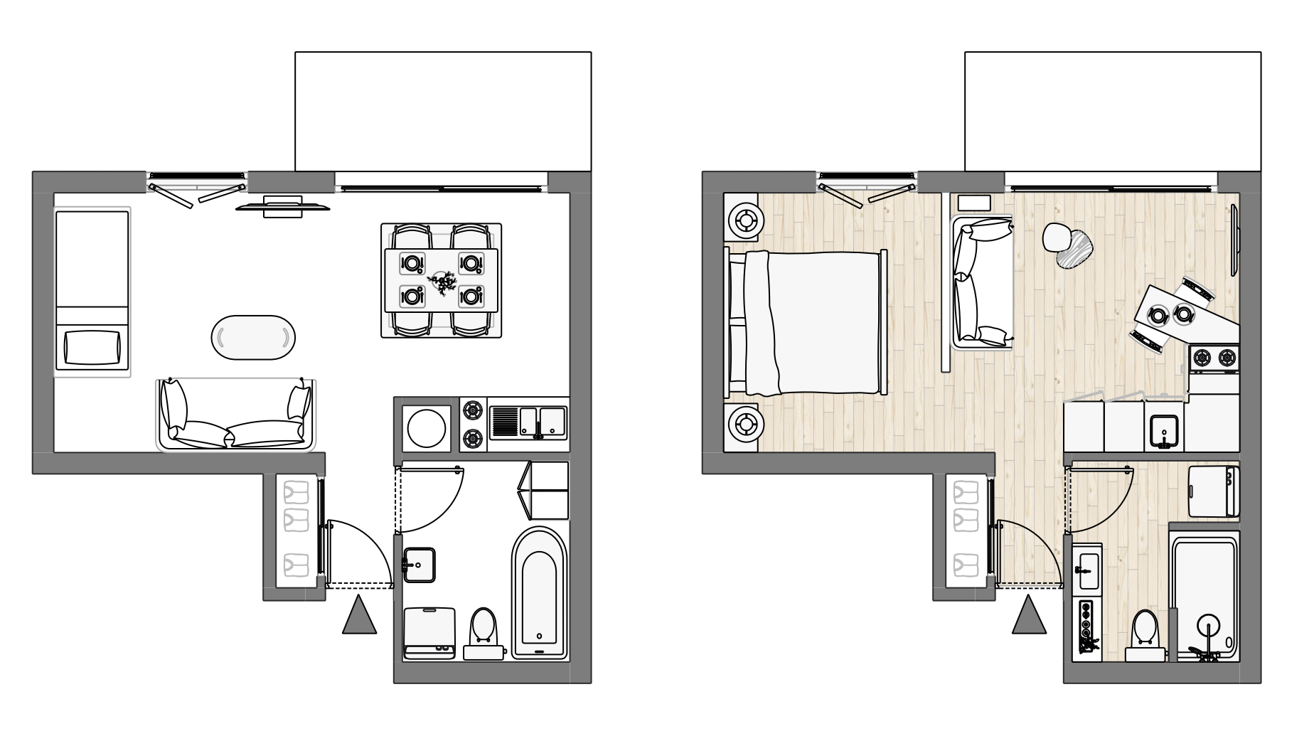 Plan d'intérieur d'un appartement avec salon, cuisine, salle à manger, escalier, fenêtres et mobilier divers.