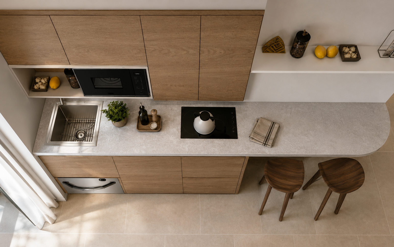 Plan d'un appartement en 3D montrant une cuisine, une salle à manger avec une table ronde et deux chaises, un coin salon avec deux fauteuils, et une salle de bain séparée.