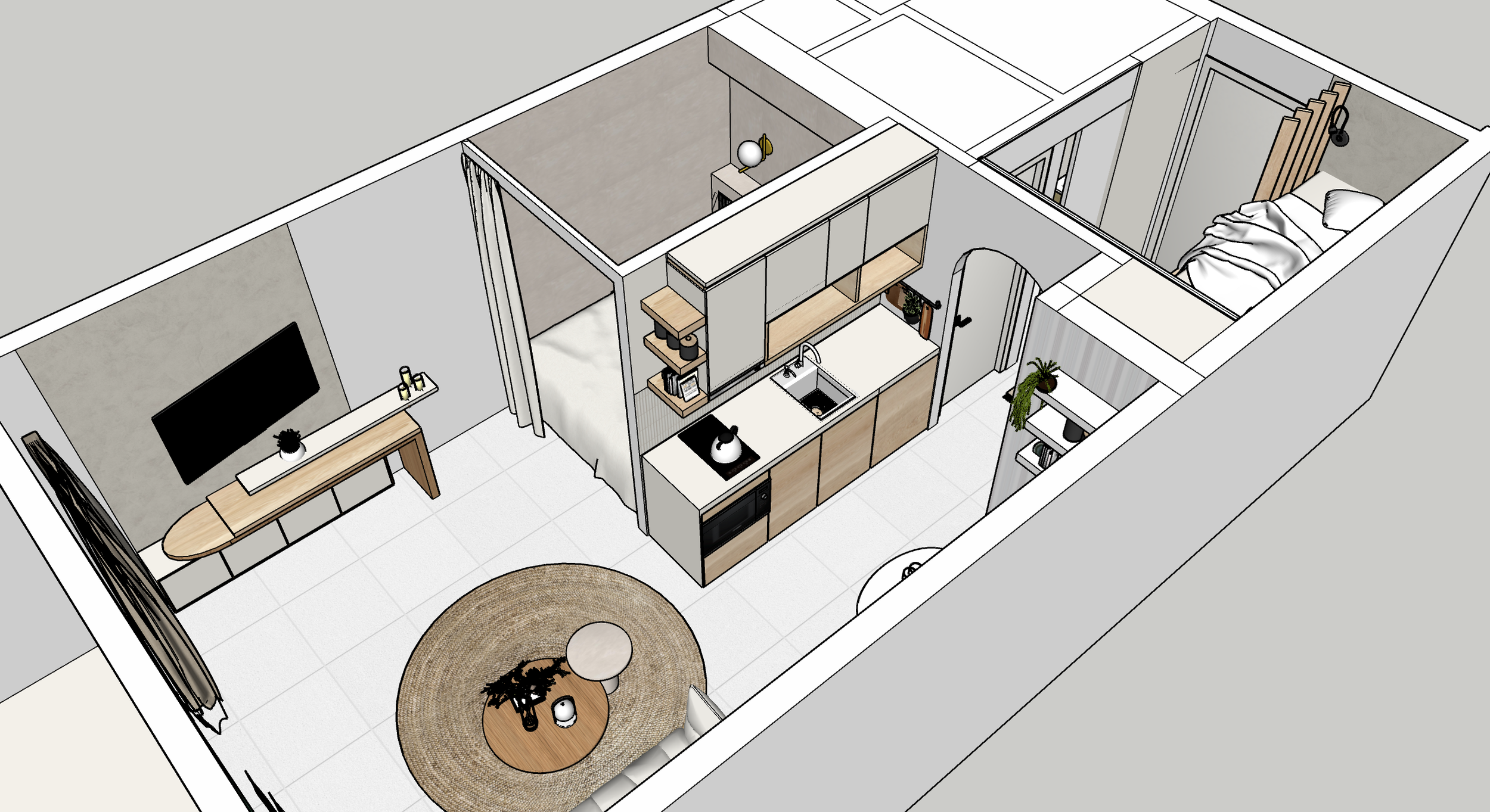 Plan d'un appartement en 3D montrant une cuisine, une salle à manger avec une table ronde et deux chaises, un coin salon avec deux fauteuils, et une salle de bain séparée.