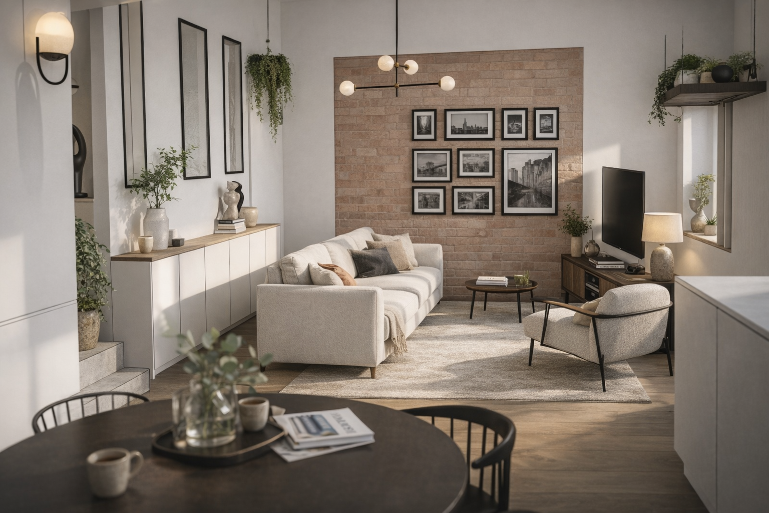 Intérieur d'un salon moderne avec des plantes, un canapé blanc, une télévision, un mur avec des cadres photo noirs, un éclairage design, et un coin lecture.