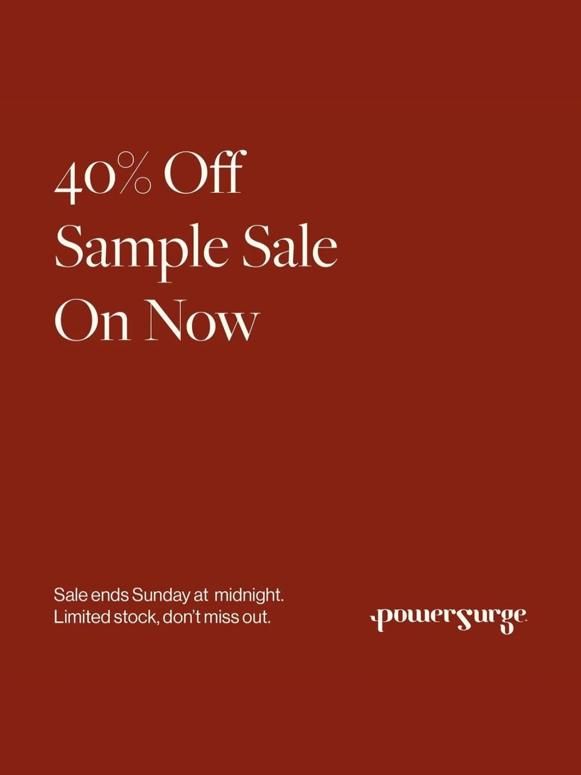 Shop 40% off a selection of products from the Powersurge archive. Very limited stock available, don&rsquo;t miss out.⁠

www.powersurge.co.nz

@powersurgenz 
⁠
Sale ends this Sunday at midnight.