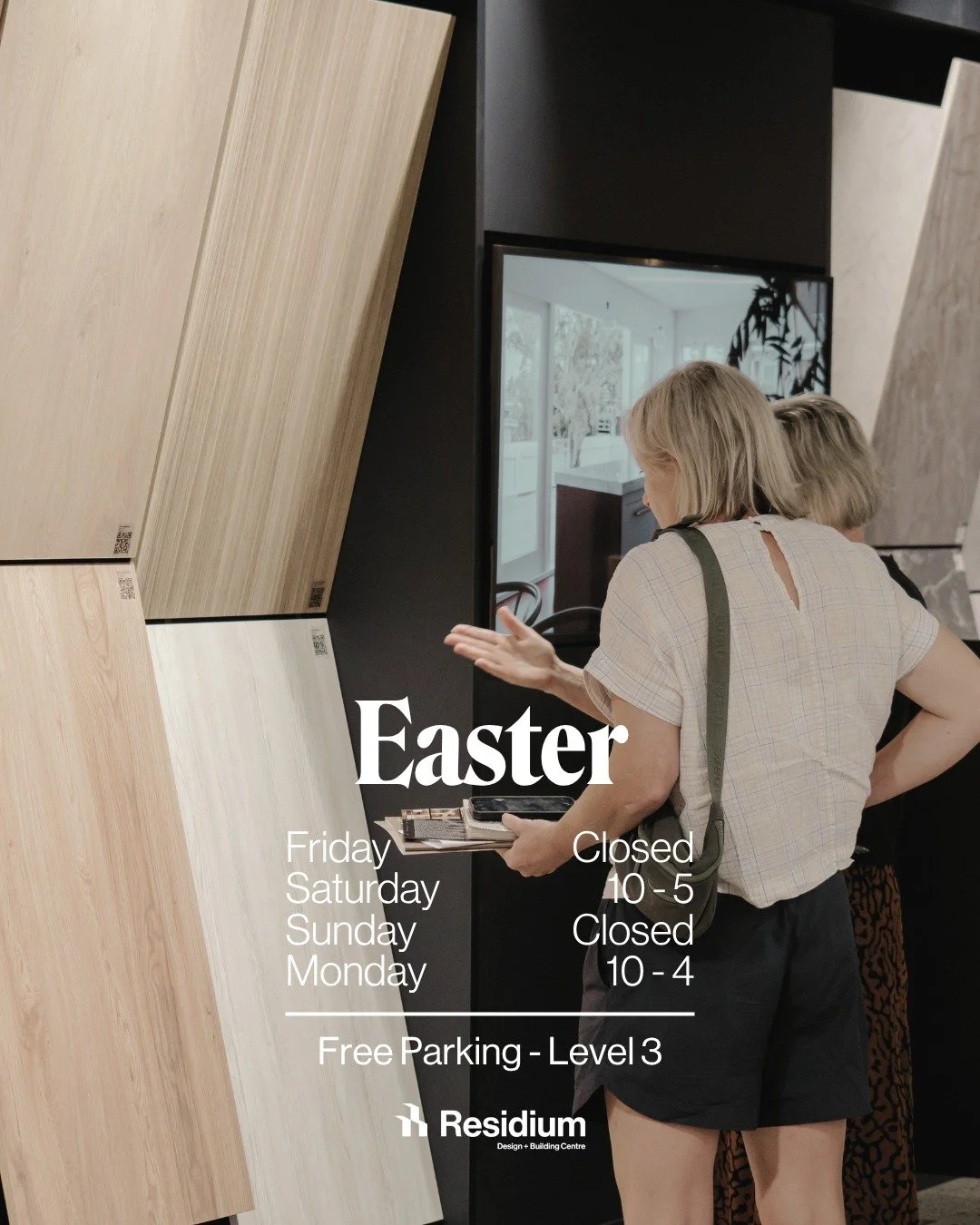 We&rsquo;re open this long weekend, Saturday and Monday, and would love to see you at Residium.

You&rsquo;ll find free parking on Level 3 at 165 The Strand.

See you soon.