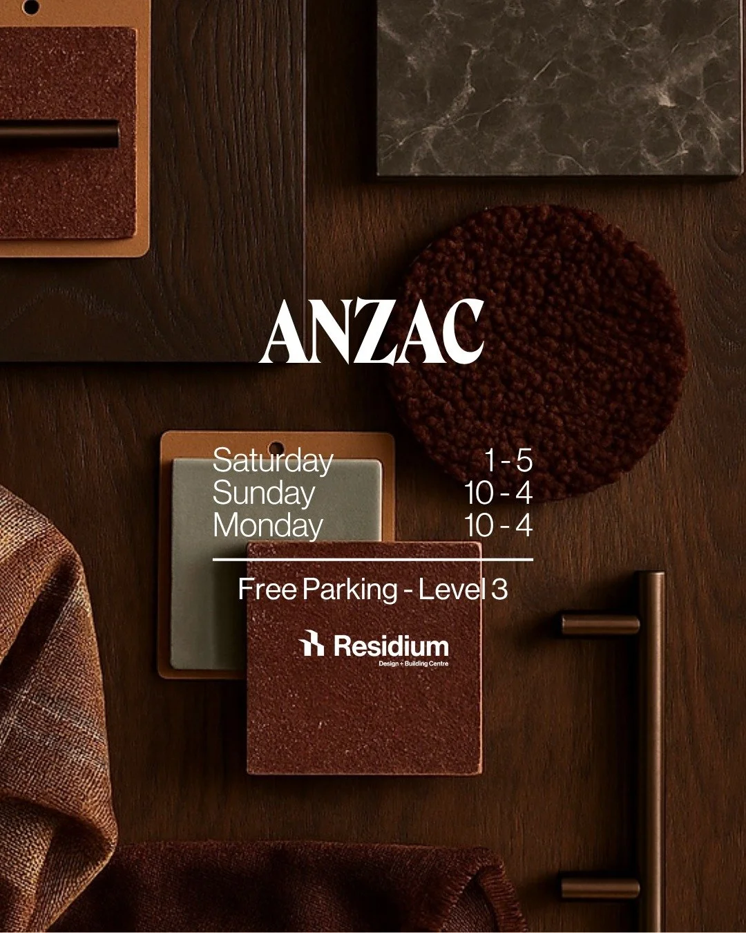 Residium is open throughout ANZAC weekend so you can select materials, products and services for your project when you've got the time to. 

Residium Design + Building Centre
165 The Strand, Parnell
Auckland.

Free parking on Level 3 of our building.