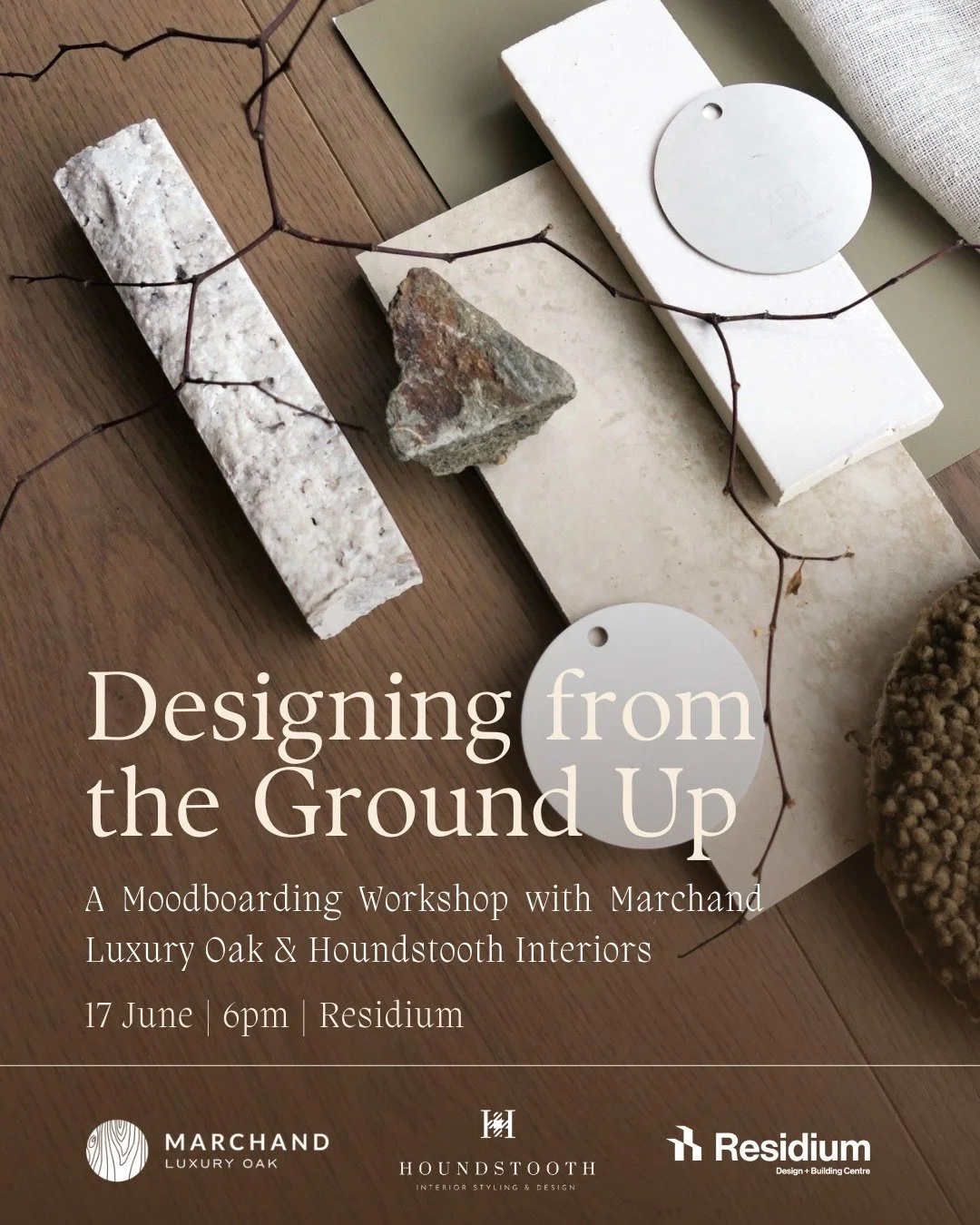 There are only a few places left for 'Designing from The Ground Up', a Moodboarding workshop with @marchandluxuryoak and @houndstooth_interiors at Residium. 

Details: 
- Date: 17 June
- Time: From 6pm
- Hosts: Holly Houndstooth (@houndstooth_interio