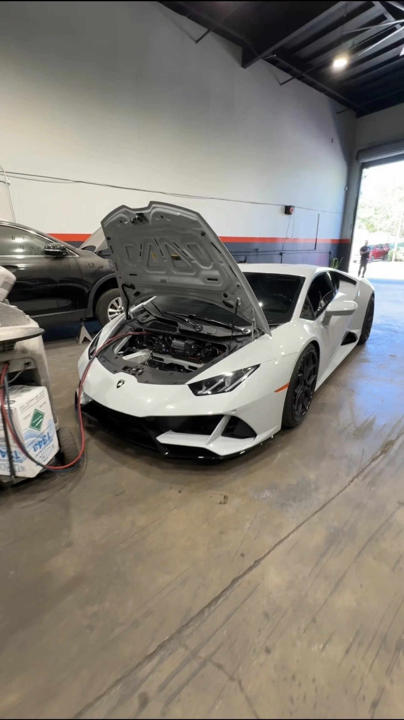 Gray Lamborghini sports car inside a garage with an open large garage door, with cars and a tree visible outside.