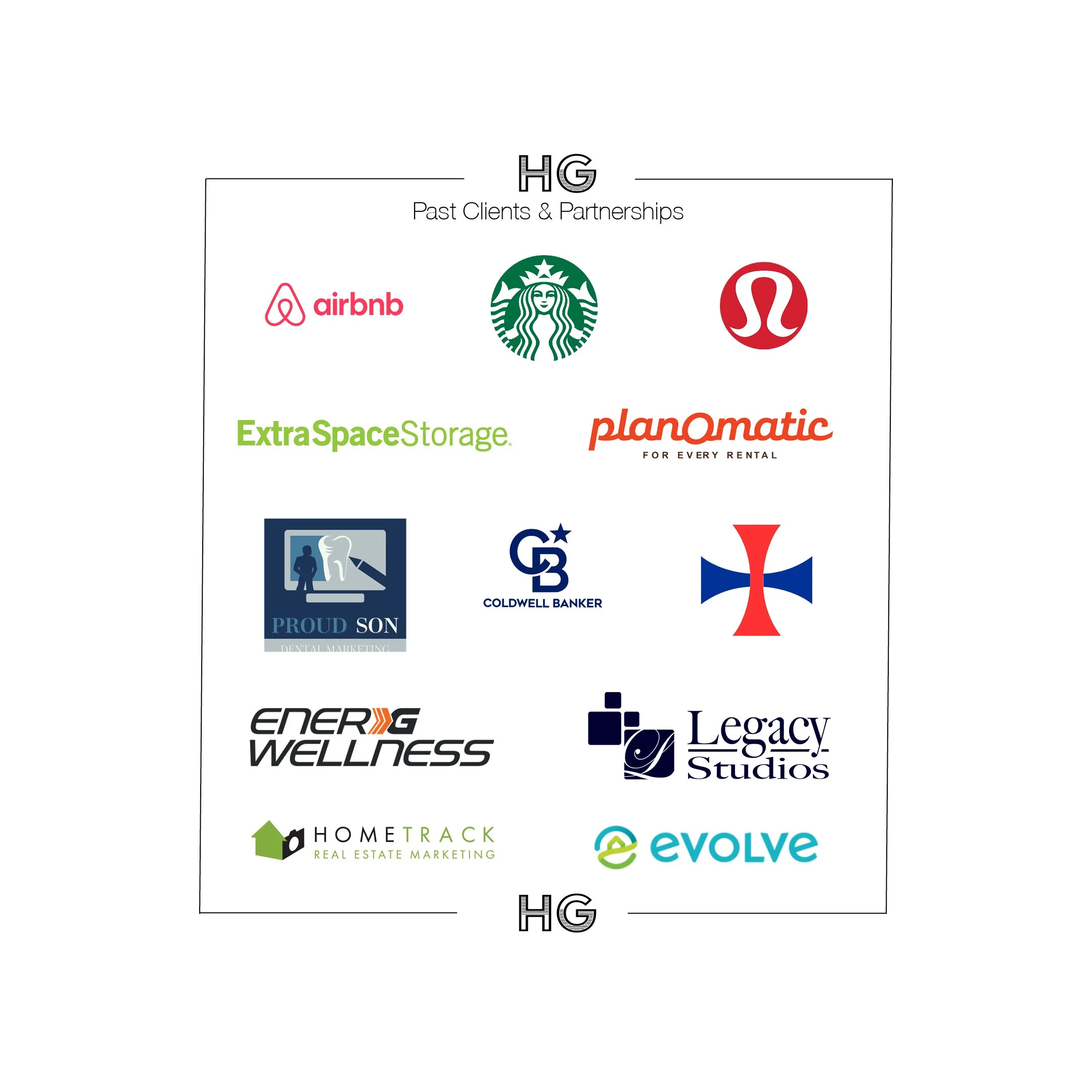 Collage of logos representing past clients and partnerships, including Airbnb, Starbucks, Lululemon, ExtraSpace Storage, PlanOmatic, Proud Son Dental Marketing, Coldwell Banker, a cross symbol, Energ Wellness, Legacy Studios, Hometrack Real Estate Marketing, and Evolve, with the initials 'HG' at the top and bottom.