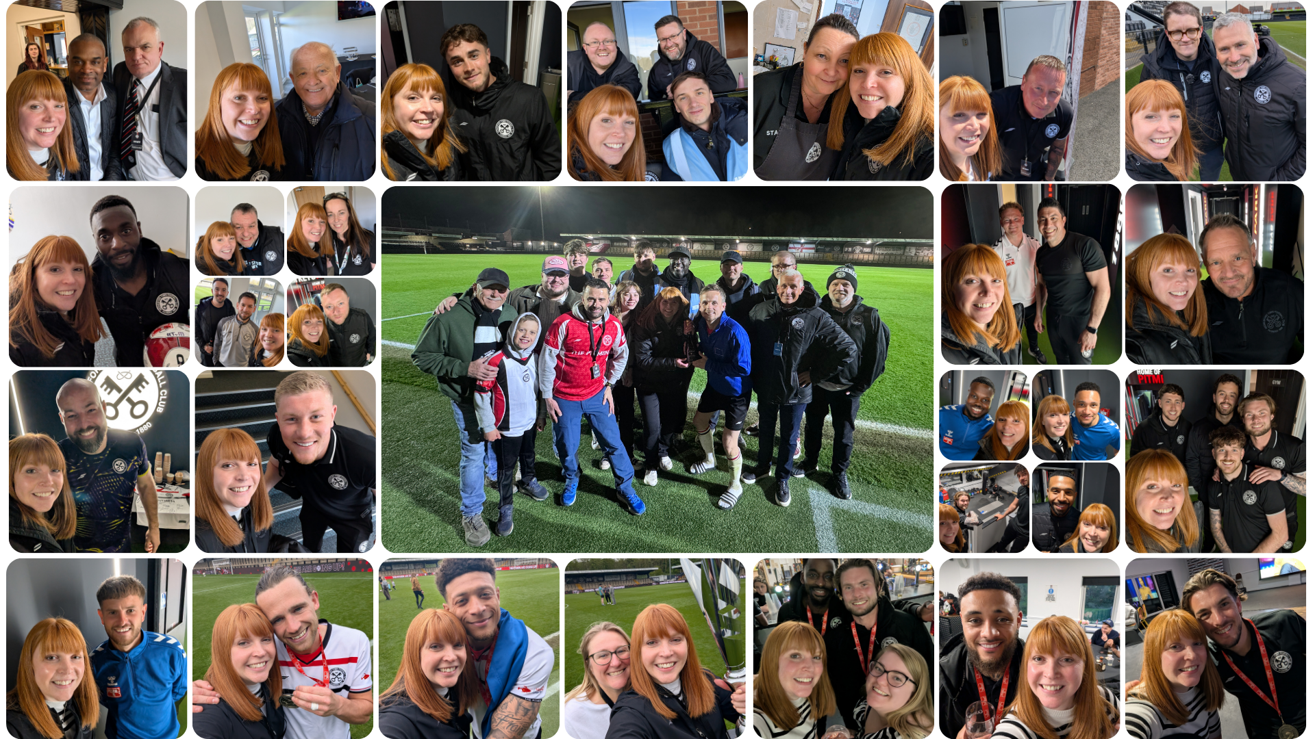 Montage of selfies of Penny with staff, volunteers and players at HTFC