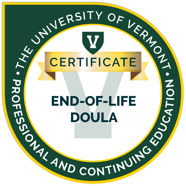 Seal from the University of Vermont certifying an End-of-Life Doula.