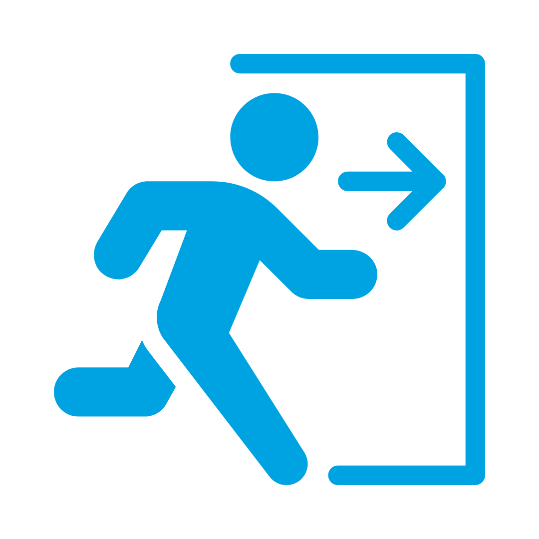 Blue icon of a person running through an exit door with an arrow pointing to the right.