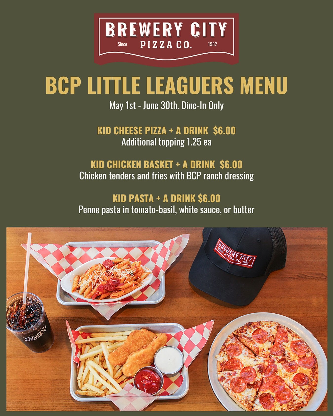 Your little athlete just crushed their baseball game and needs to refuel, take them to Brewery City Pizza post-game and get a kids menu item and a drink for just $6! Promotion is available for all little league athletes, bonus points if they&rsquo;re