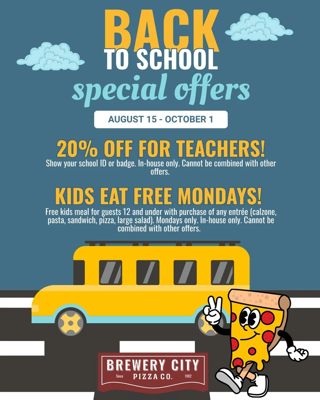✏️🚌 It&rsquo;s Back to School Season! 📚️🏫⁠
⁠
We&rsquo;re celebrating teachers and students all the way through October 1.⁠
⁠
🍎 Teachers, show your school ID and get 20% off your bill⁠
🎒 Kids eat free every Monday⁠
⁠
Because pizza is the perfect 