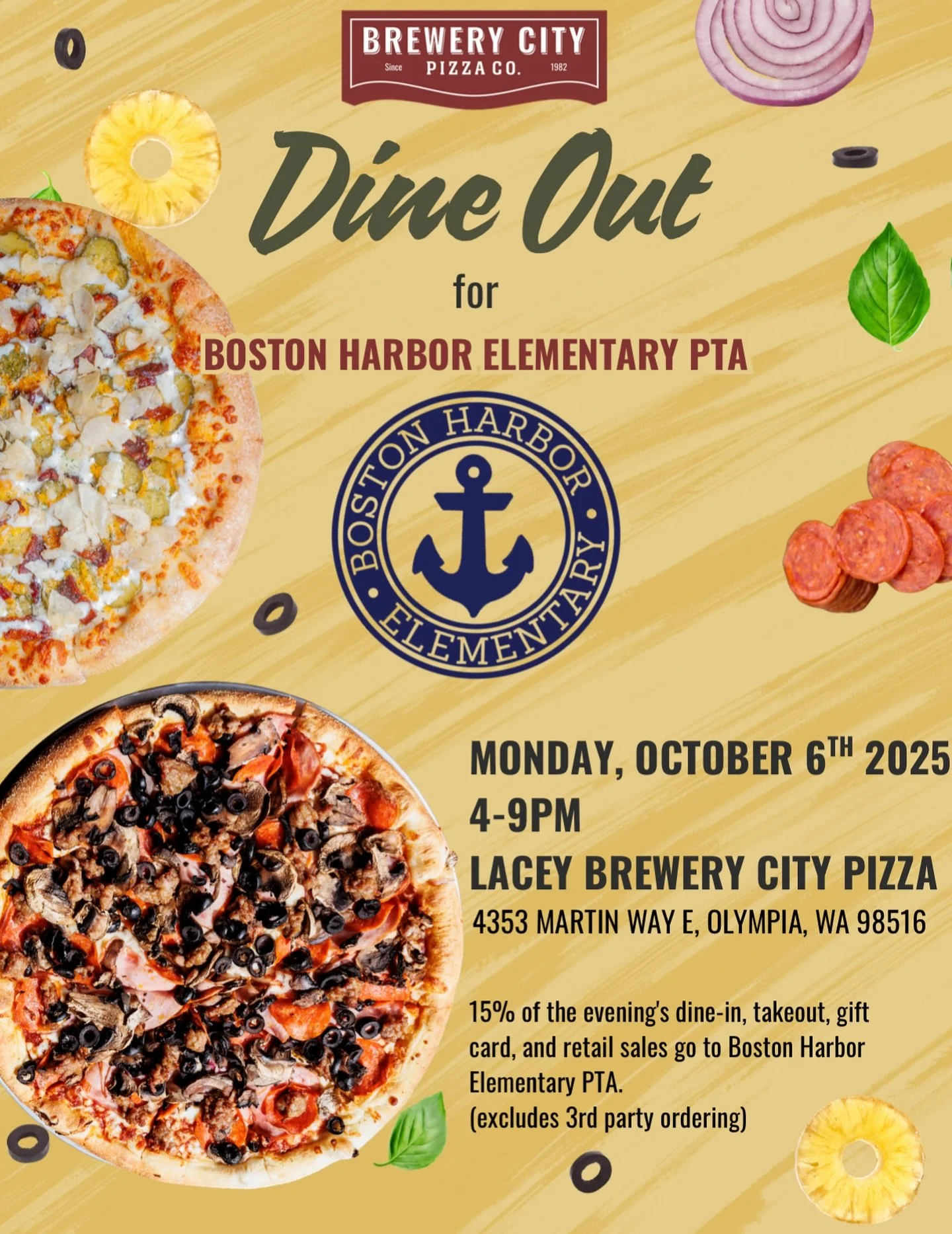 Join us for dinner tonight at Lacey BCP and show your support for Boston Harbor Elementary School!
 
15% of sales from 4-9 benefit the Boston Harbor Elementary PTA 🍕❤️

If your school or organization is interested in throwing a dine out night, be su