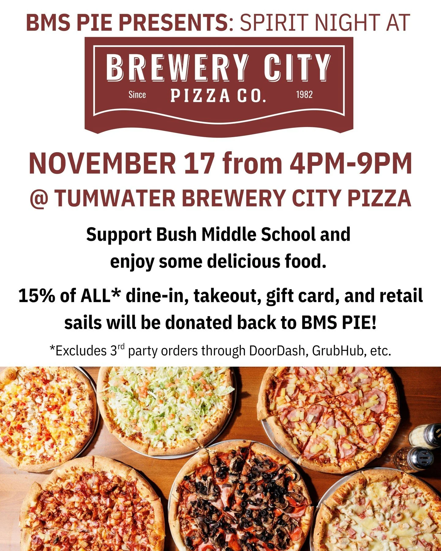 Join us this evening as we welcome Bush Middle School for Spirit Night!⁠
⁠
15% of sales between 4PM-9PM at Tumwater Brewery City Pizza will go to the school. ⁠
⁠
If you are part of an organization and you'd like to partner on a fundraiser, please app