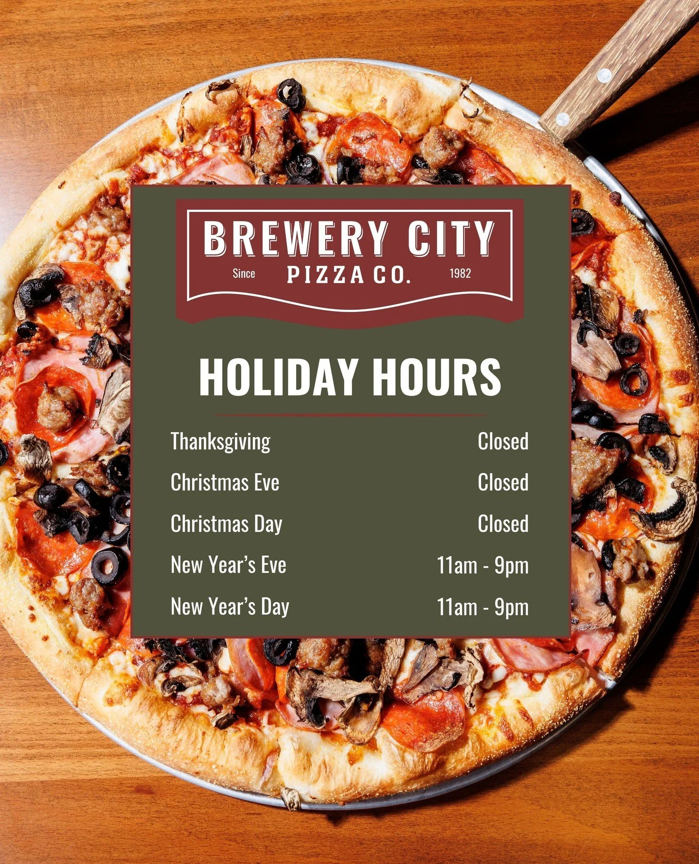 Holiday hours are here!⁠
⁠
❤️🍕 Be sure to plan ahead so you can enjoy your favorite pie with friends and family this season! 🍂❄️
