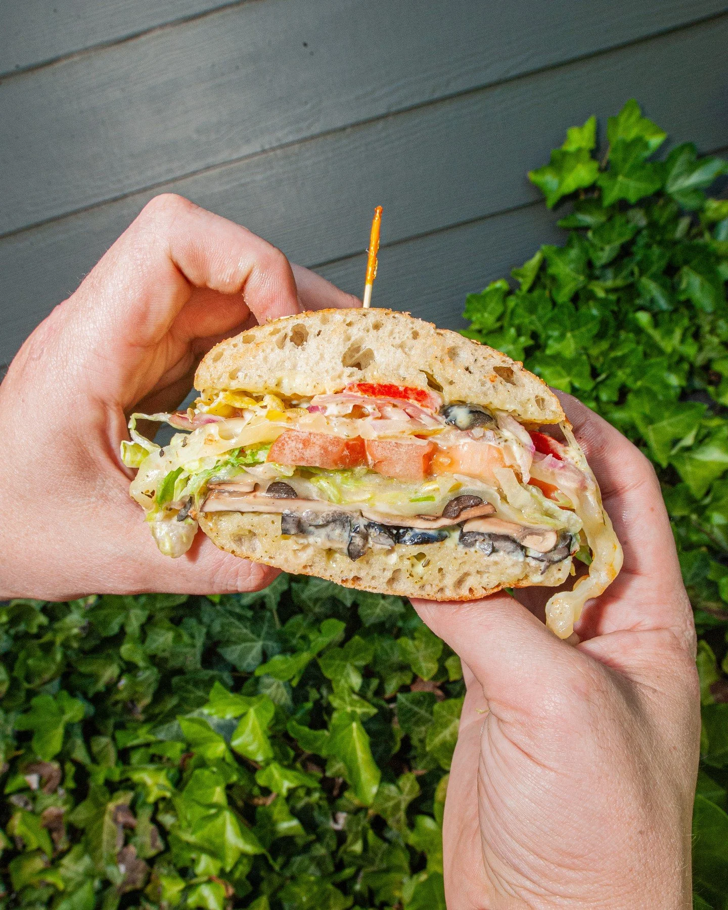 The Veggie Sandwich is perfect for lunch or dinner! ⁠
⁠
Red onions, black olives, mushrooms, roasted red peppers, provolone, pepperoncini, basil-pesto mayo, lettuce, tomato, Italian vinaigrette, served with chips or upgrade to fries, pickle chips, a 