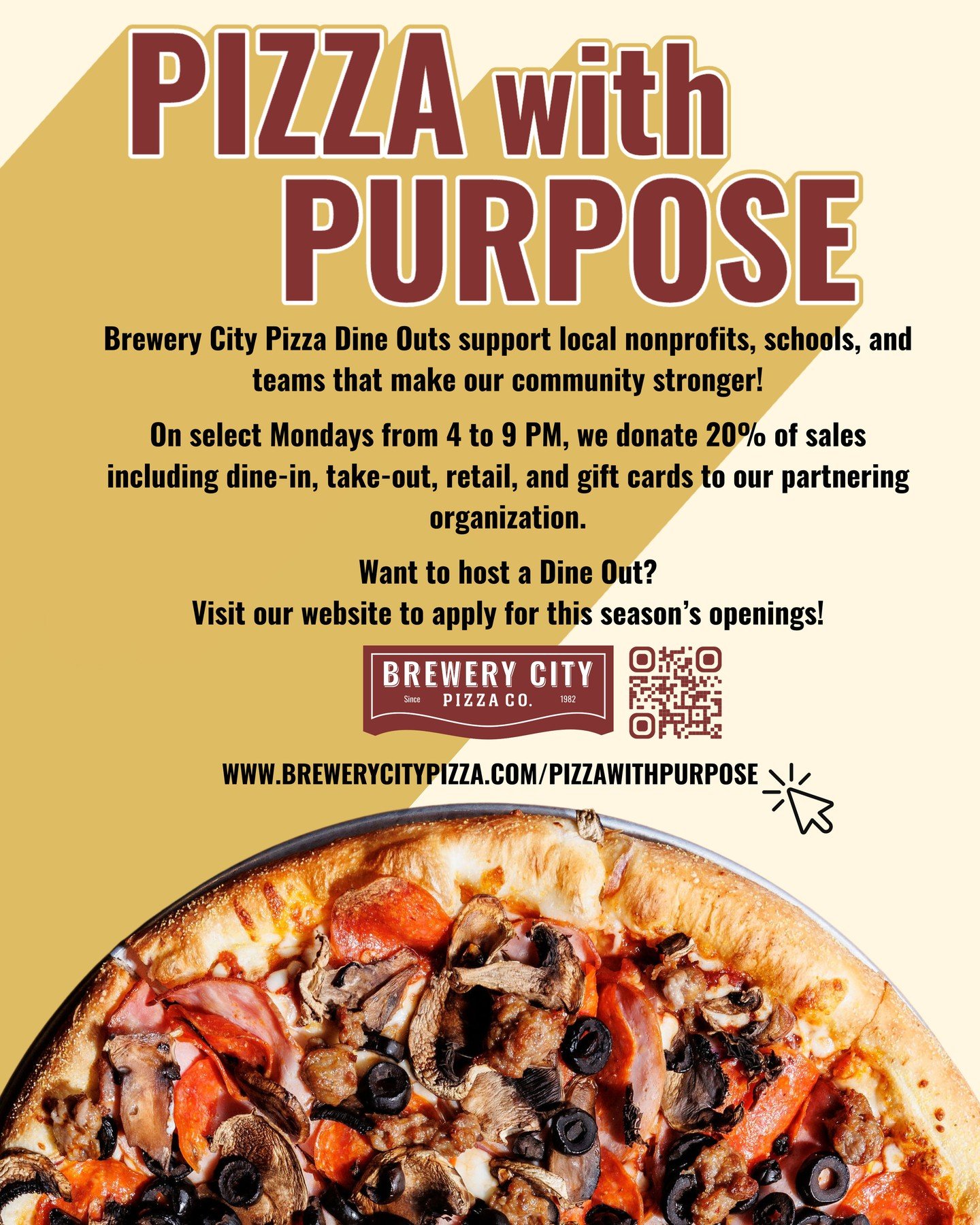 📣 Calling all fundraisers! 📣⁠
⁠
Are you a part of a local organization, nonprofit, school, or team? We're currently seeking partners for our Dine Out program. Selected partners earn 20% of an evening's sales. ⁠
⁠
Check out www.brewerycitypizza.com/