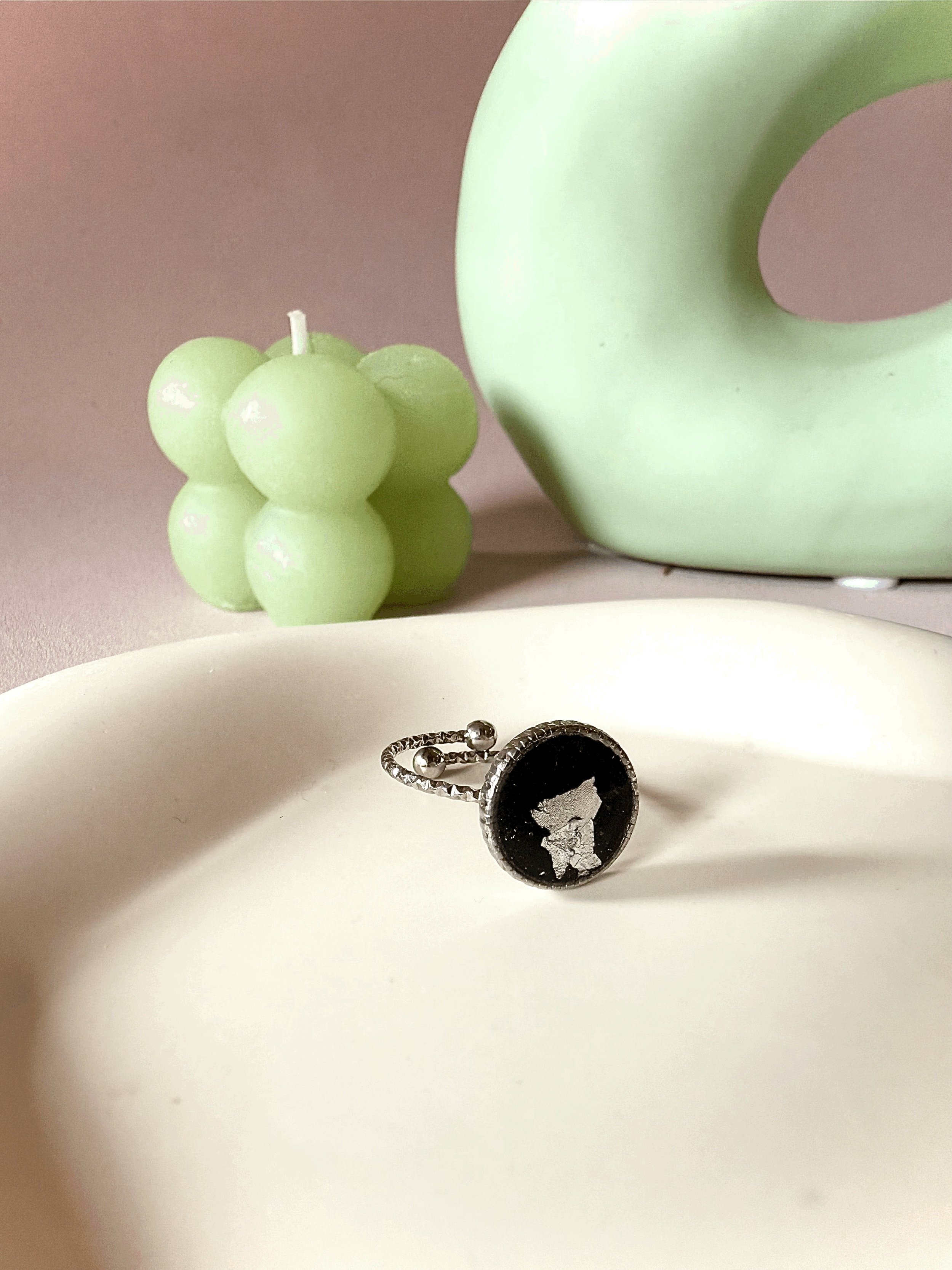 Bague Argent Noir Feuille Argent