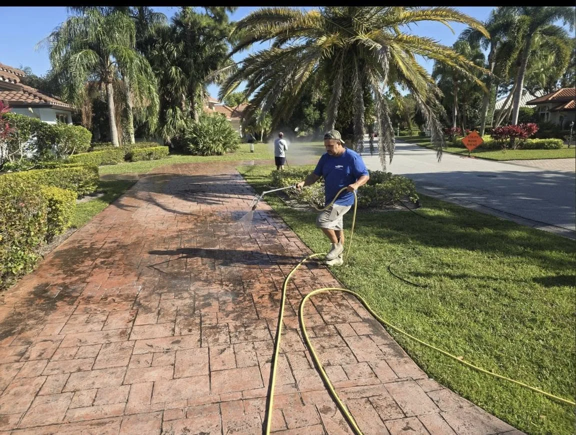 Man pressure washing a brick sidewalk in a residential neighborhood with trees and bushes surrounding the area.