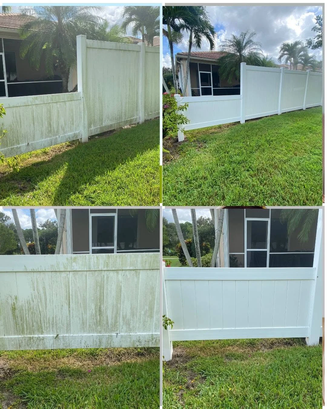 Before and after comparisons of a white fence, showing cleaning and refurbishment.