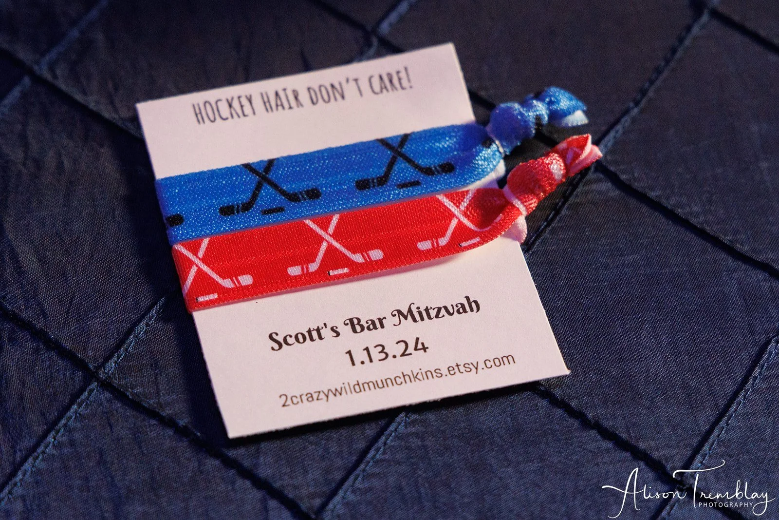 blue and red custom hair tyes for event favors