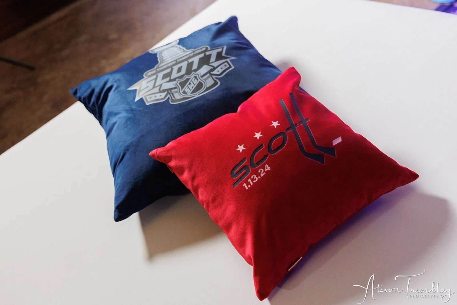 custom red and blue velvet pillows