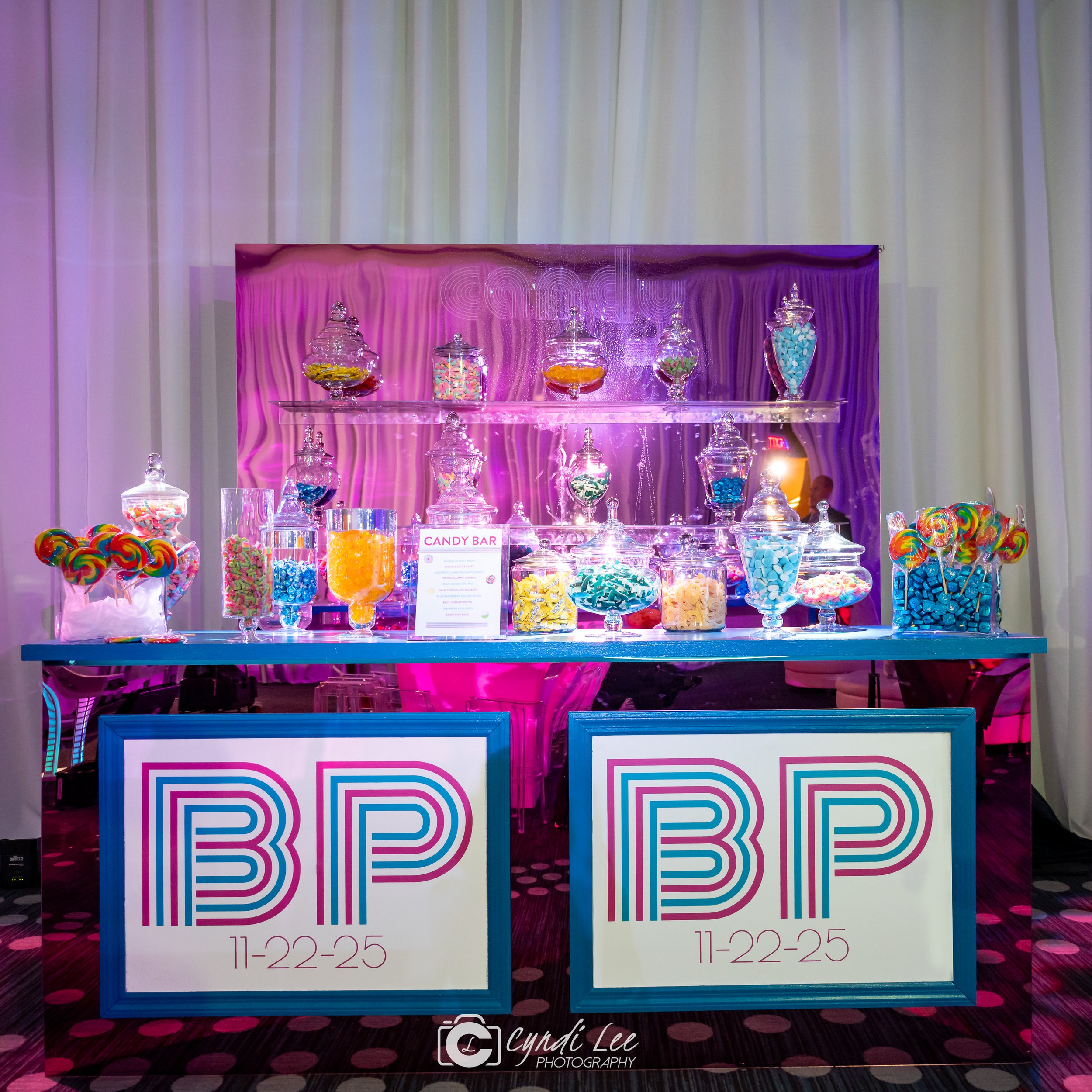 mirrored candy bar with BP initials on the front