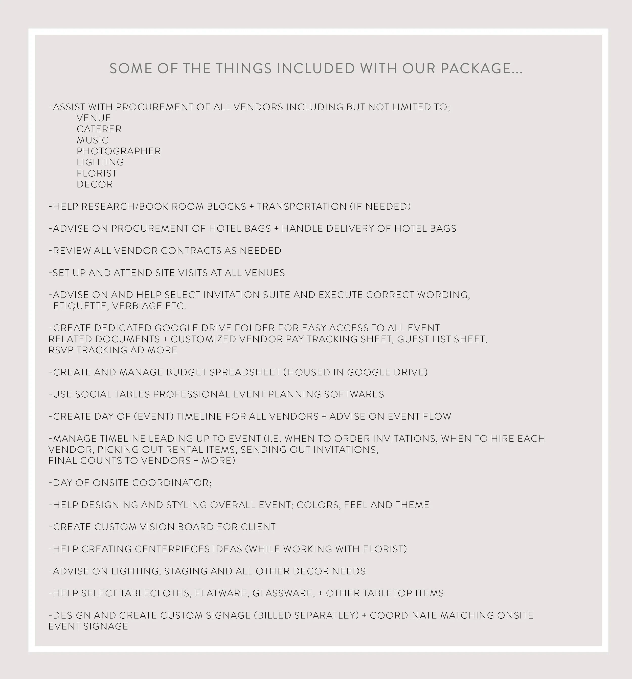 A document listing various event planning and coordination tasks, including vendor management, site visits, decor, catering, and timeline management.