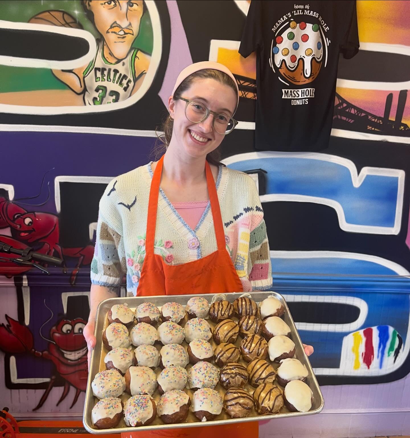 Stop by today for a free sample of our vegan donuts and let us know what you think. We have a brioche with vanilla glaze and sprinkle and a brioche with coffee glaze and chocolate drizzle. (Pictured is our vegan baker Alyse with her creations). While