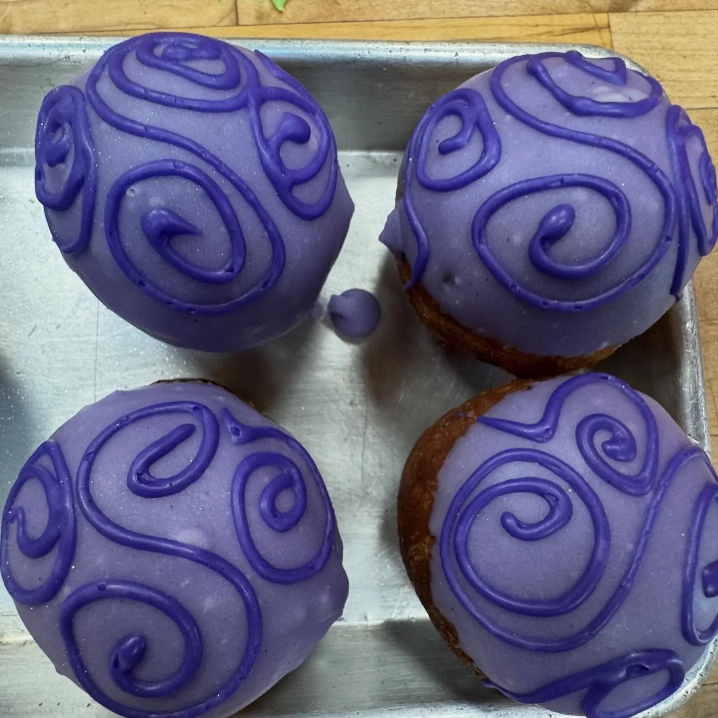 Our latest creation for PAX East ..the Devil Fruit Donut. A Fluffy brioche filled with tropical fruit custard and finished in a purple-pink vanilla glaze.

No idea what powers you&rsquo;ll get&hellip;
but we&rsquo;re pretty confident one of them is e