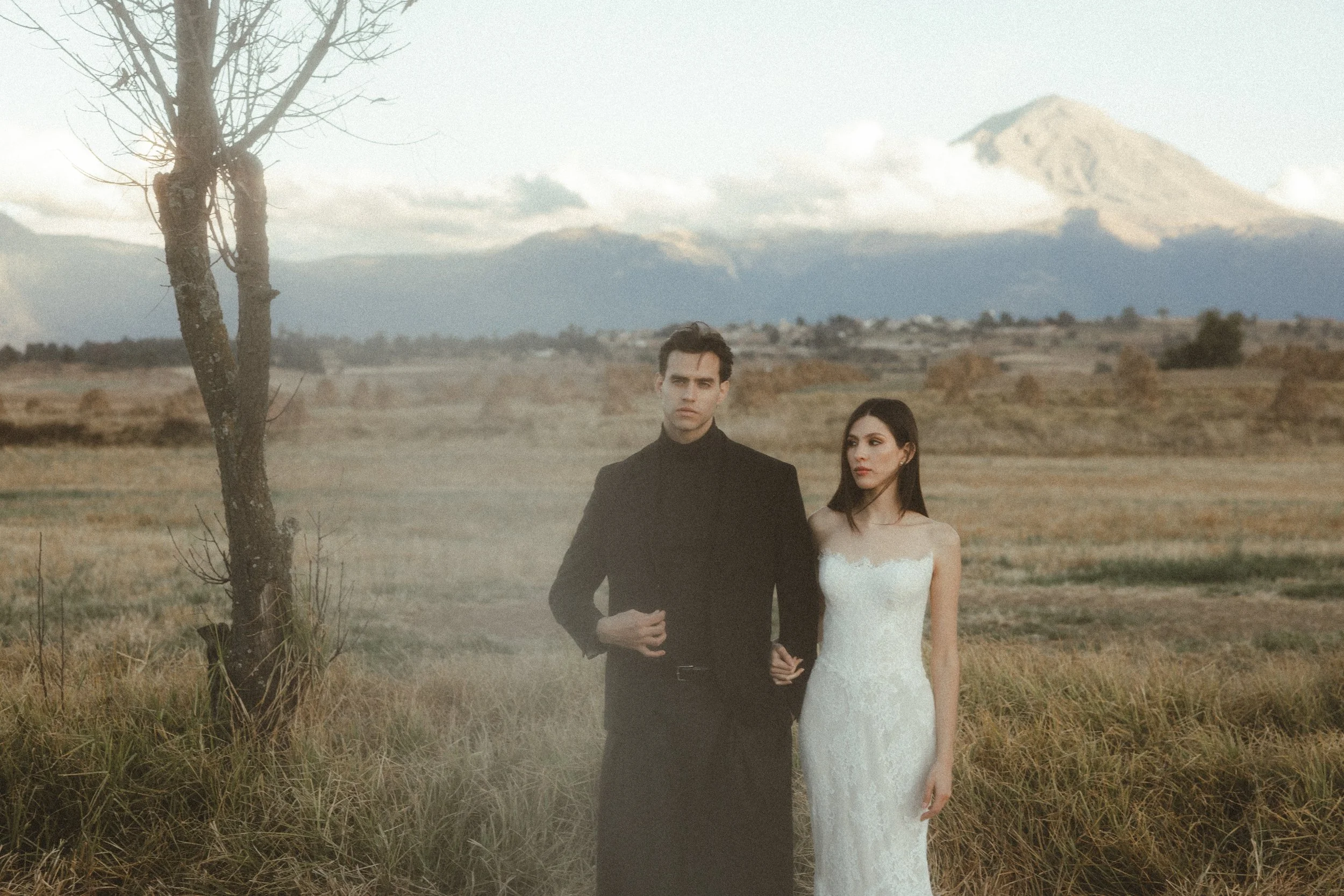 A groom in a black suit and a bride in a white dress standing in a field with the popocatepetl volcano in the background, a barren tree to the left, and a cloudy sky. Weddings is Mexico City landscapes.