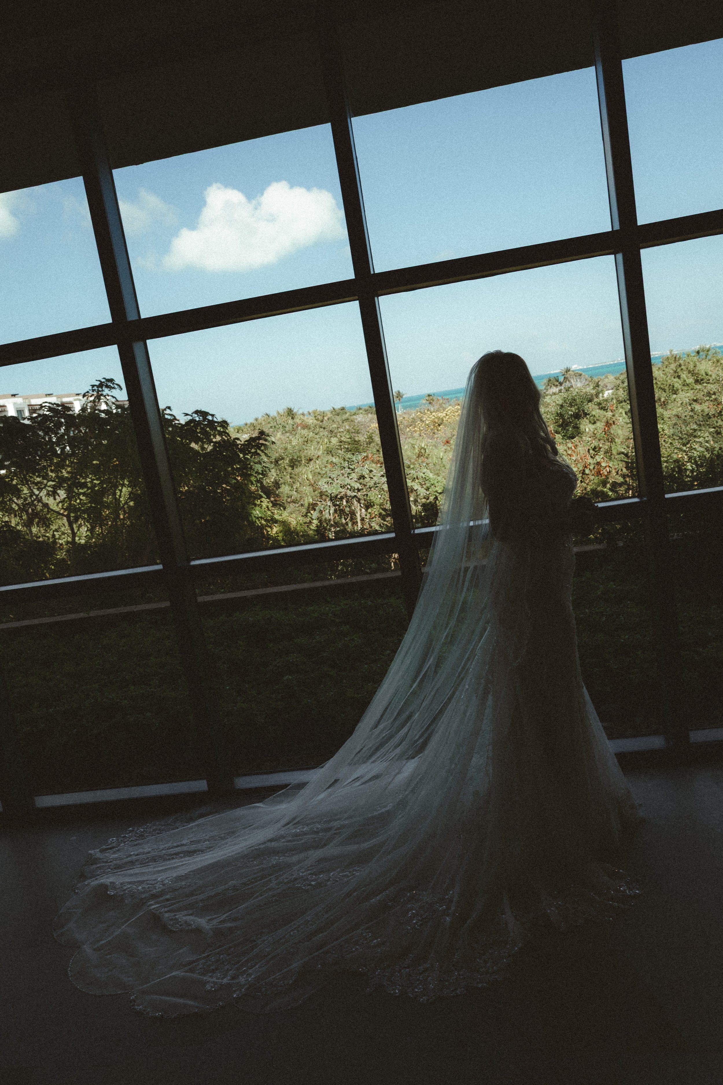 Elegant bridal portrait with the beach in the background