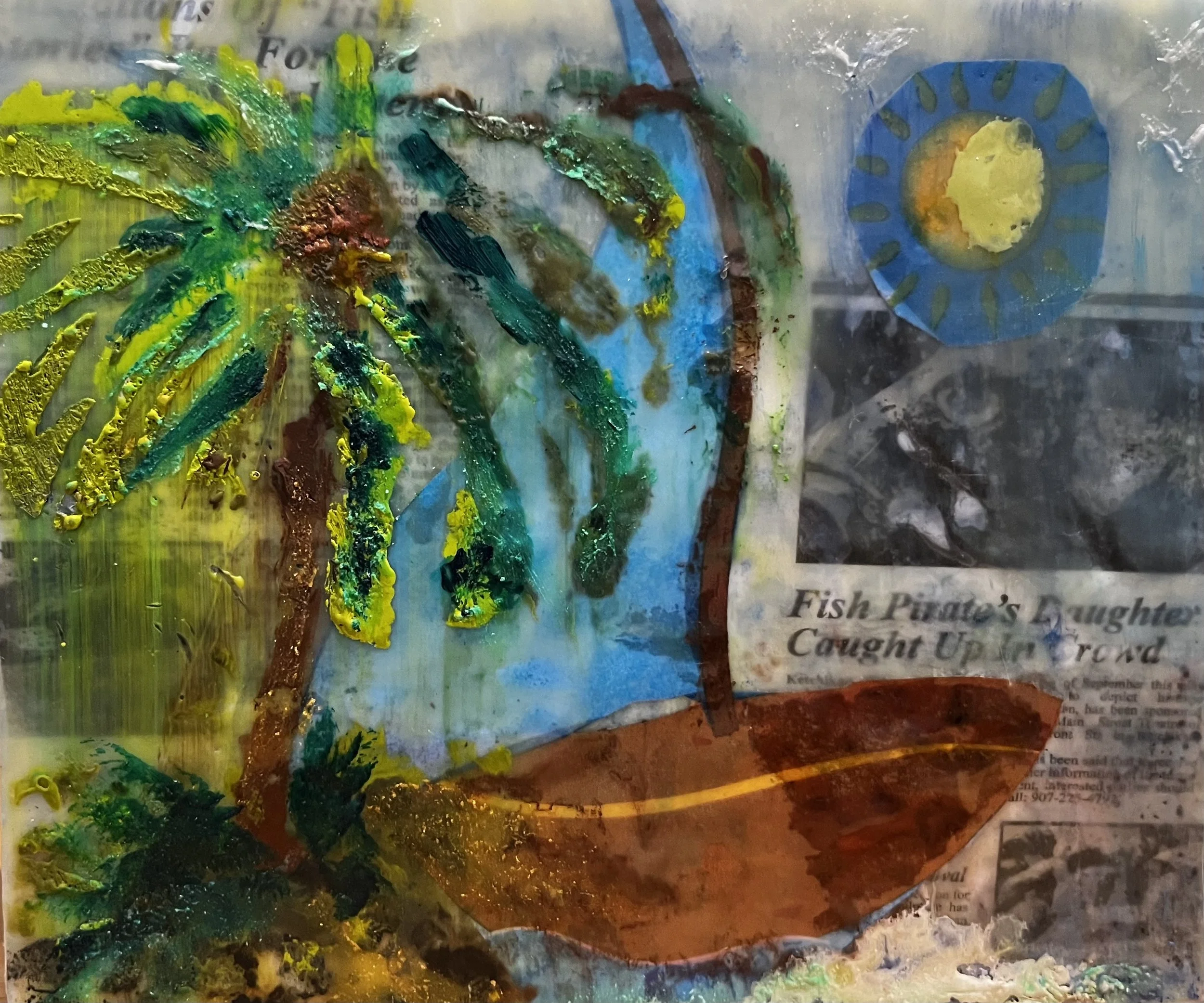 Castaway, 6X7 Encaustic Collage, $195