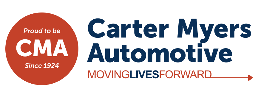 Carter Myers Automotive logo with a red circle containing white text 'Proud to be CMA Since 1924' and blue and red text reading 'Carter Myers Automotive' and the slogan 'MOVING LIVES FORWARD' with an arrow.