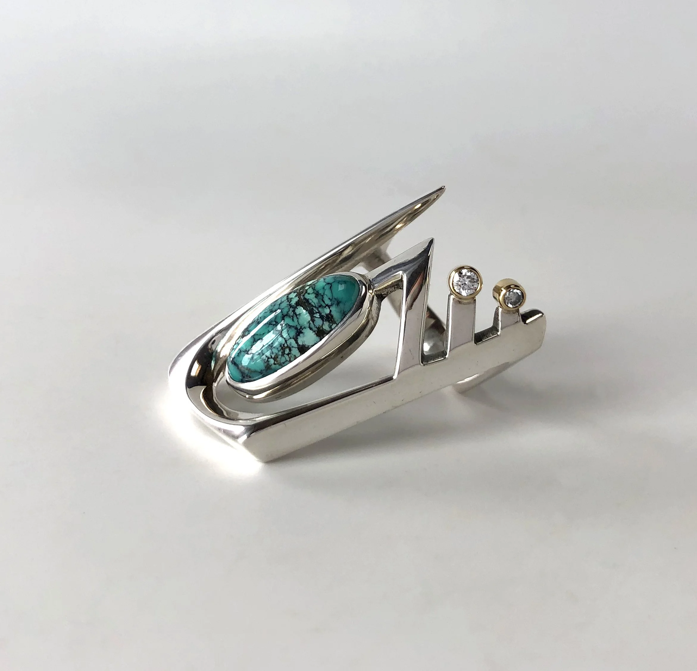 Turquoise and Diamonds in 18K Gold tube setting - Sterling Silver 'Contour' Ring