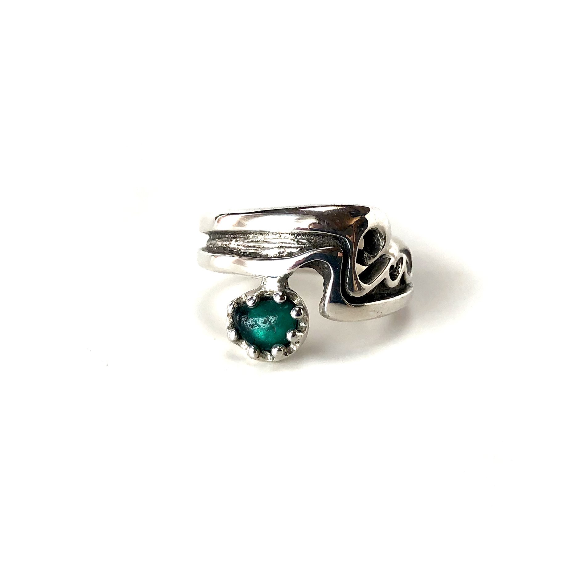 Teal Dark Turquoise Sea Glass 'Small Wave' Design - Sterling Silver 'Contour' Ring