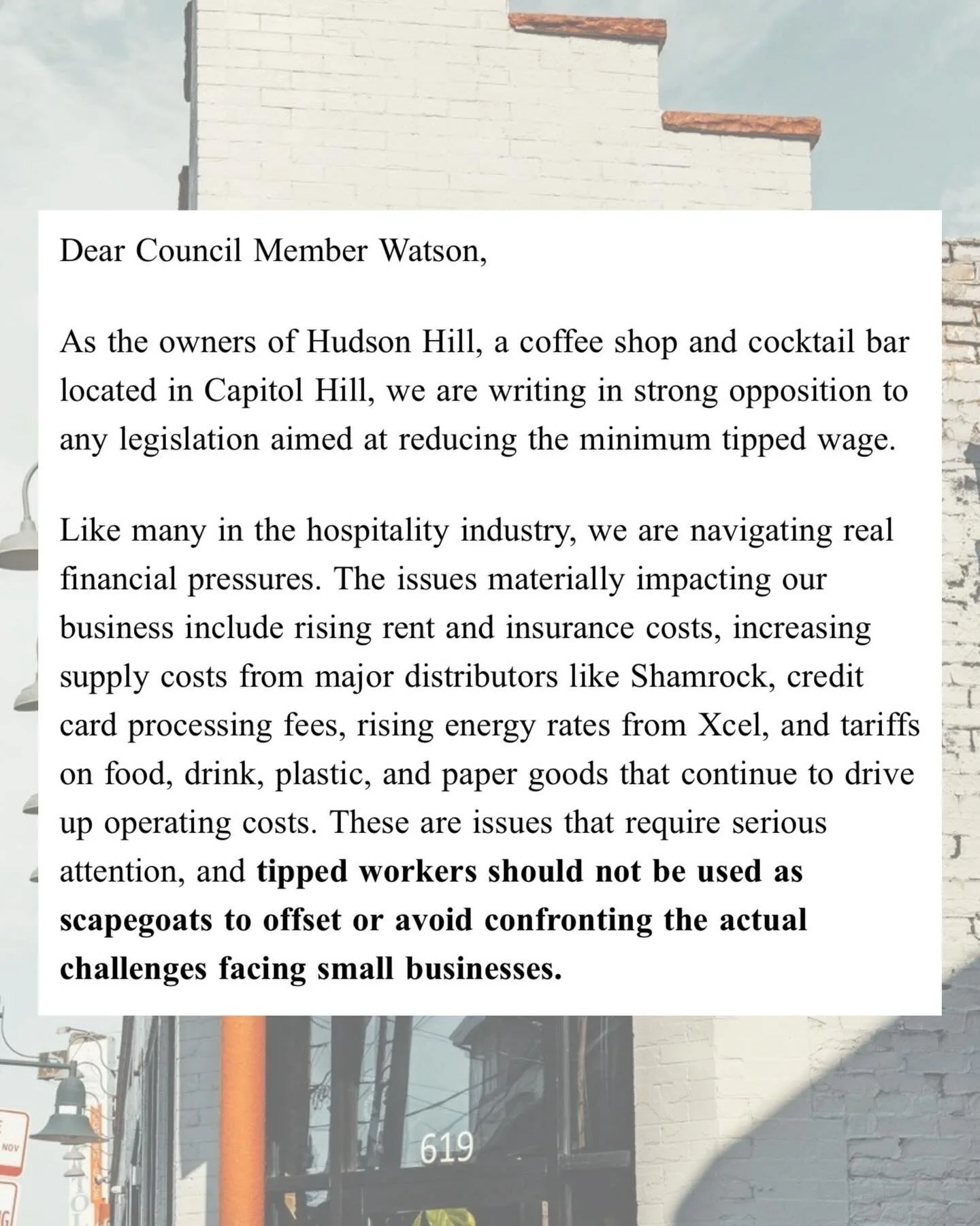 Today, we wrote to Council Member Watson to voice our strong opposition regarding any effort to lower wages for tipped workers in Denver.
Tipped workers across Denver, deserve stable, fair and thriving wages. If you&rsquo;re a tipped worker, business