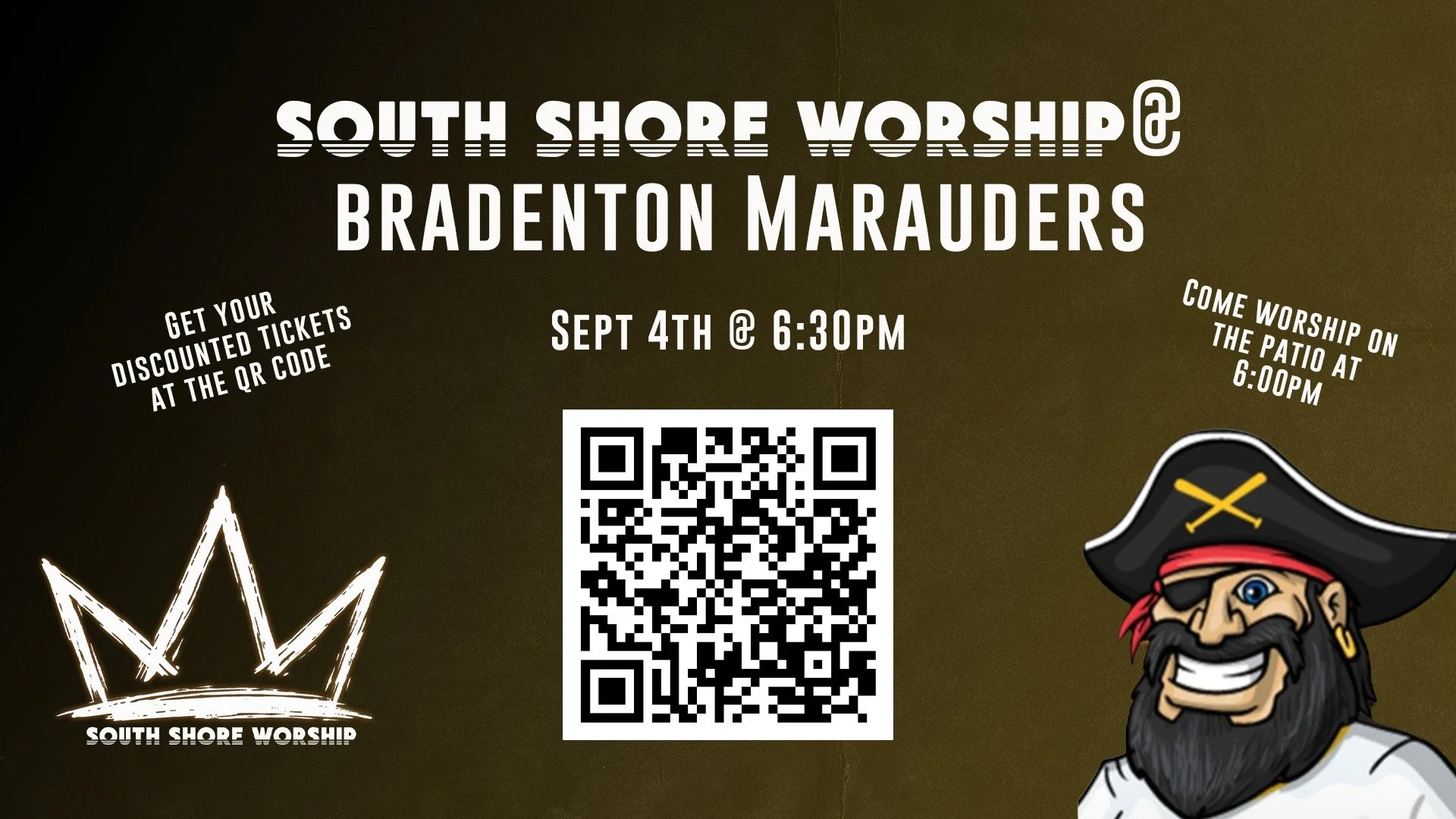 South Shore Night at the Ballpark! 🇺🇸

Join us for a fun night at the ballpark as we cheer on the Bradenton Marauders and come together as a church family!

Before the game, South Shore Worship will be leading worship on the patio at 6:00 PM, follo