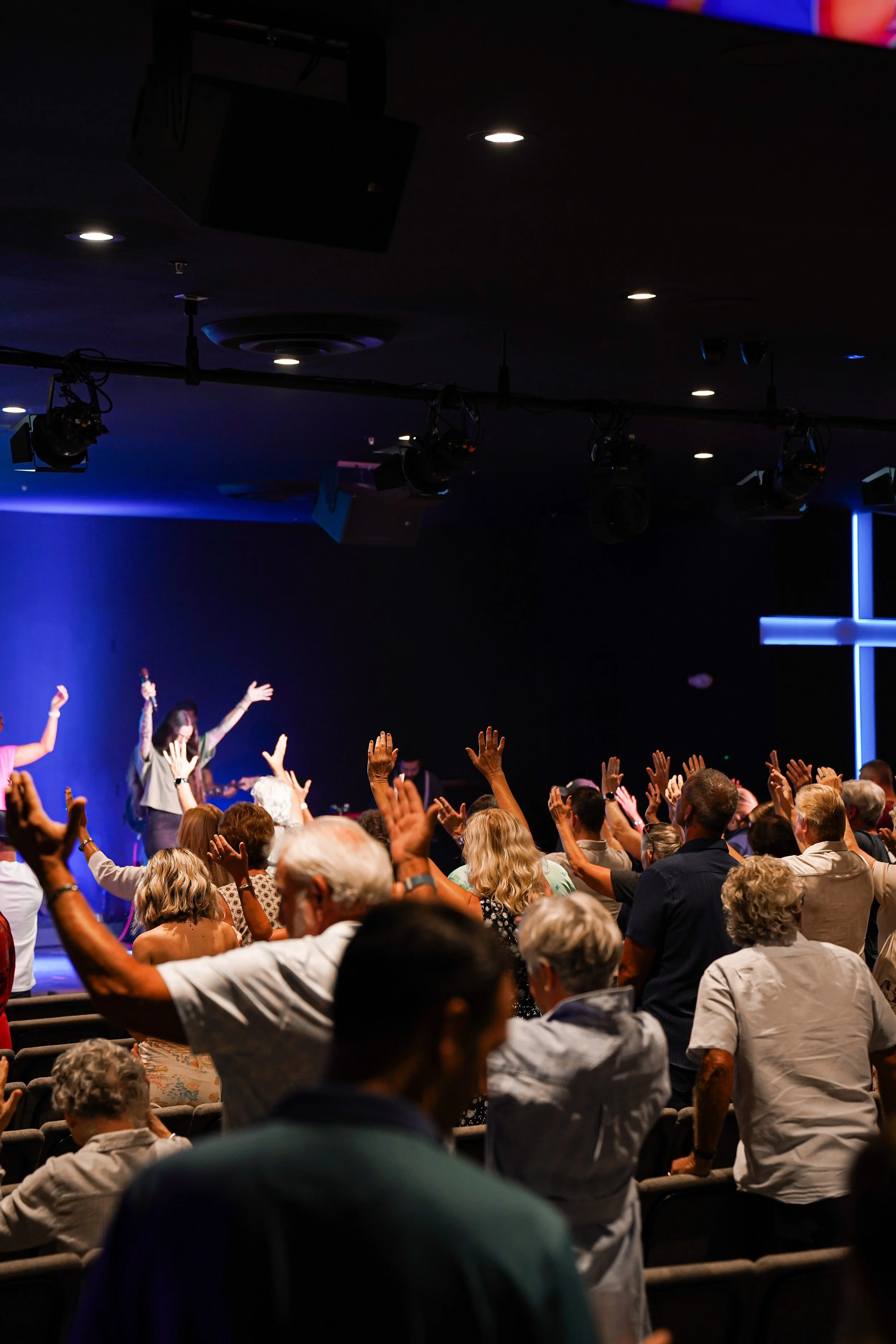 People raising their hands in an indoor auditorium or conference room during a concert or presentation.