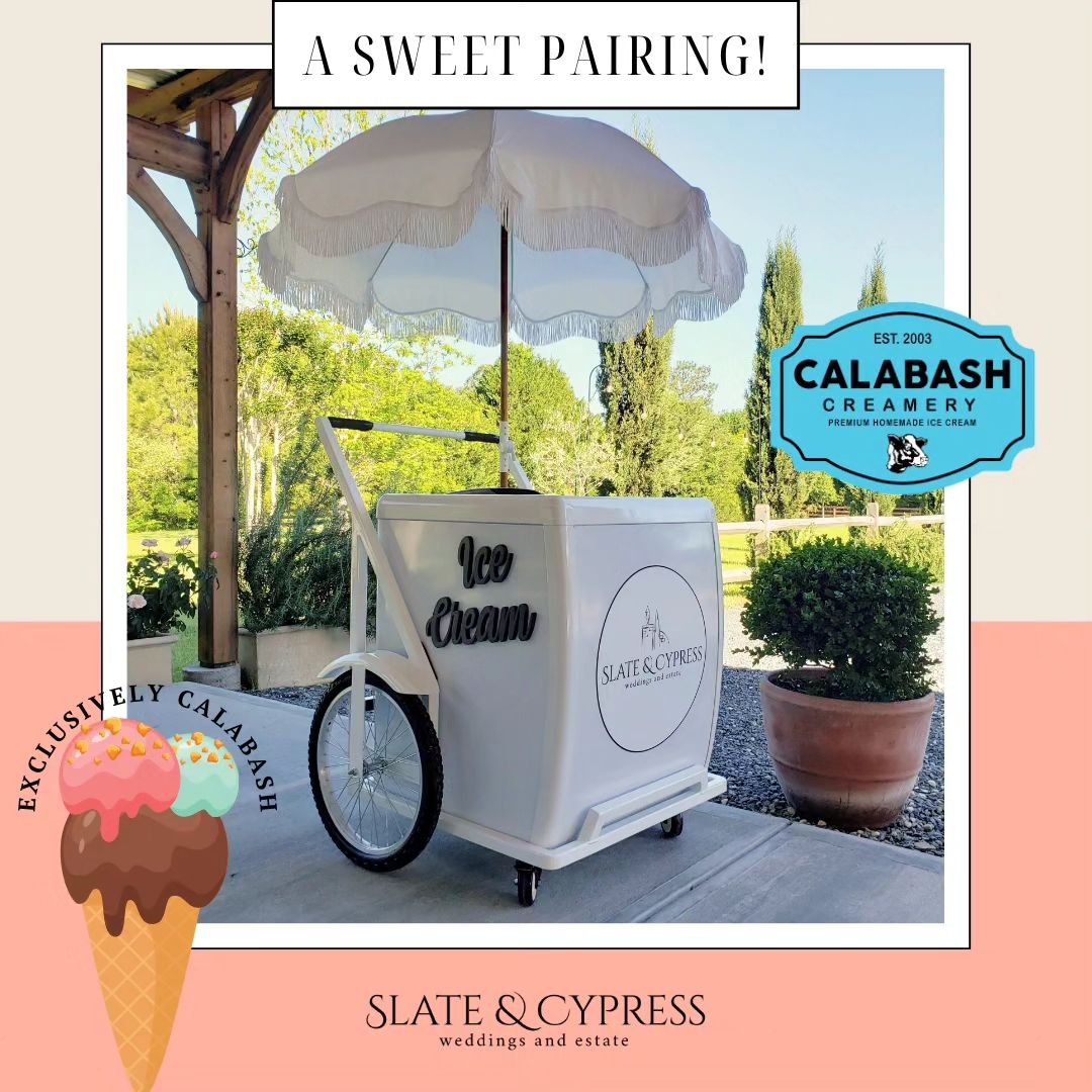 NOW ANNOUNCING! A Sweet Pairing!

Calabash Creamery @calabashcreamery + Slate &amp; Cypress Weddings and Estate @slateandcypress

An Exclusive Calabash Joint Venture!

Combining forces to bring you the most delicious homemade ice cream for your weddi
