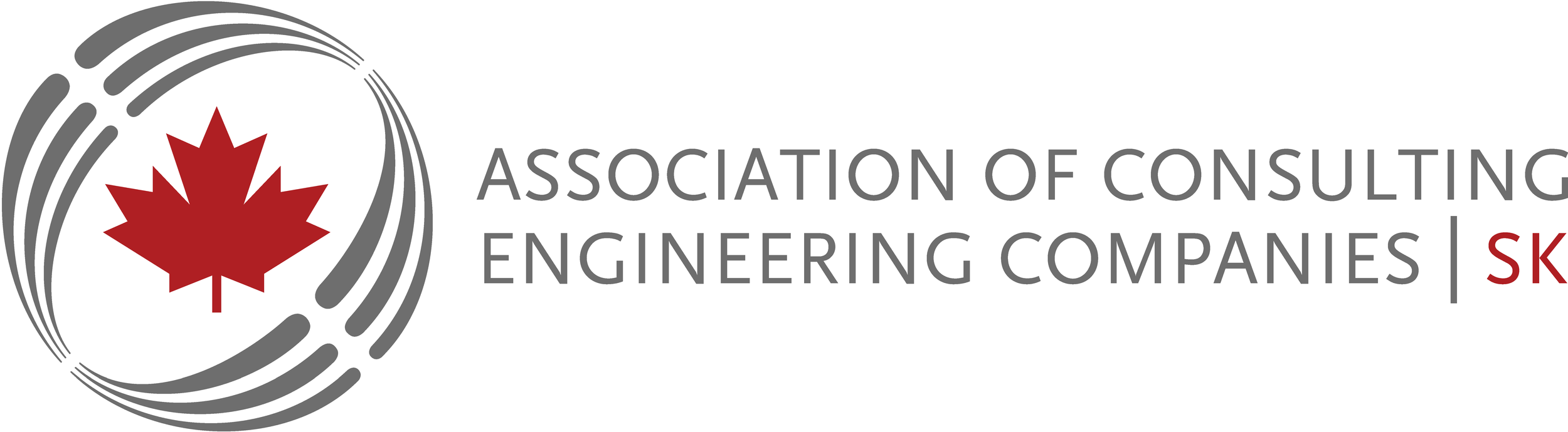 Logo of the Association of Consulting Engineering Companies featuring a red maple leaf and gray circular lines, with the organization's name and 'SK' in red.