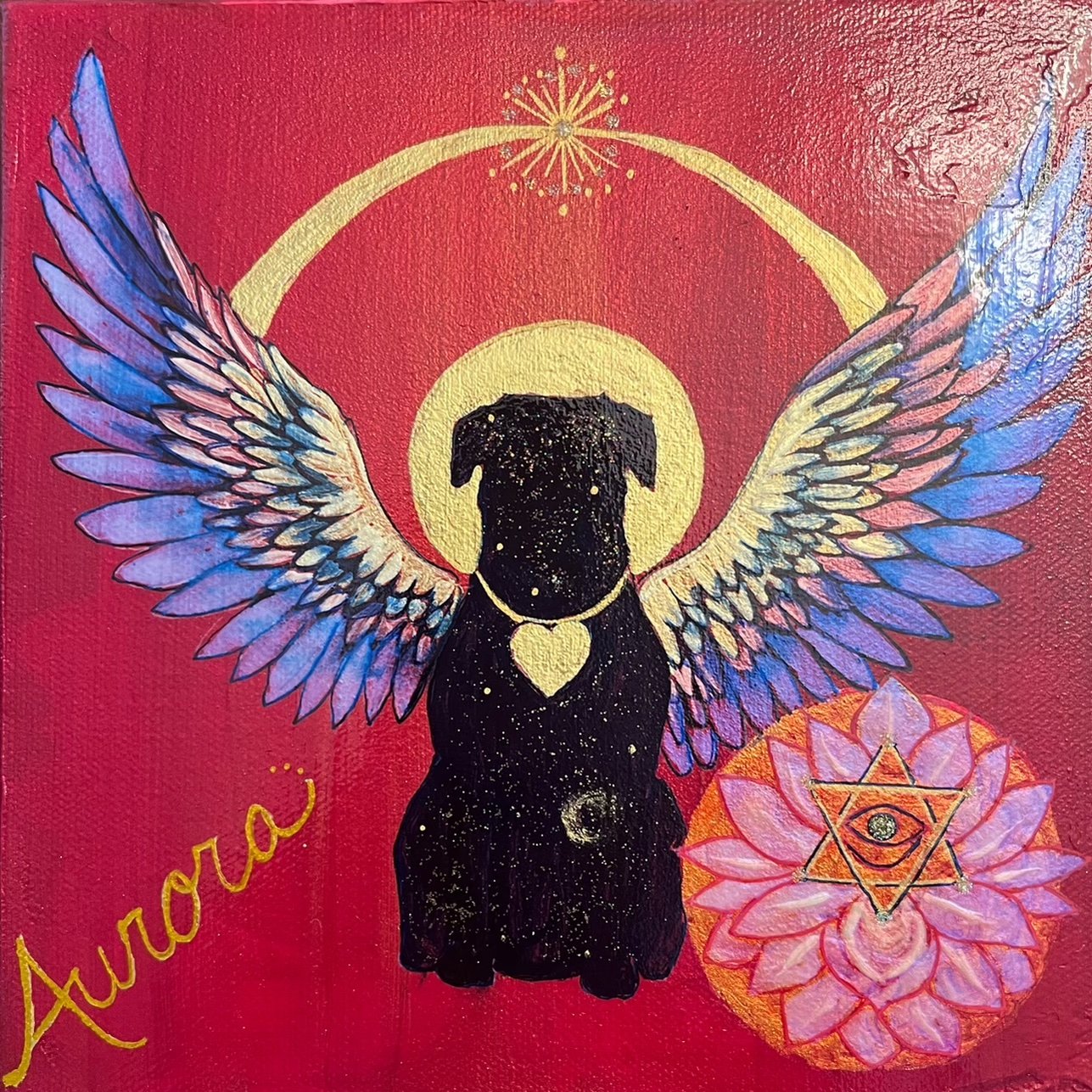Symbolic soul essence painting of Aurora the soul dog with wings and a golden halo, representing her spirit continuing beyond the physical world.