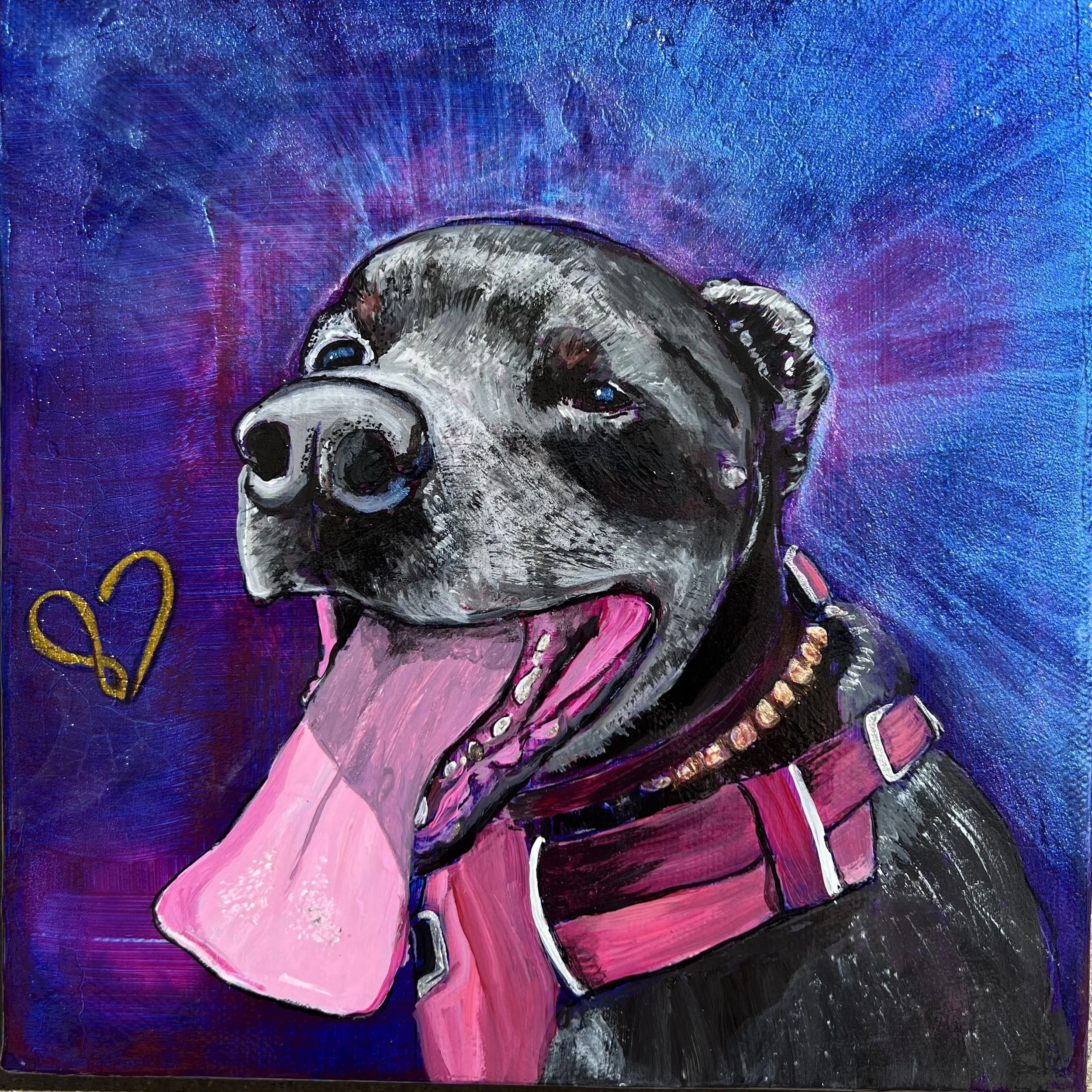 Colorful soul essence painted portrait of Aurora the blue pitbull wearing a pink harness, honoring the joyful personality of a beloved soul dog.