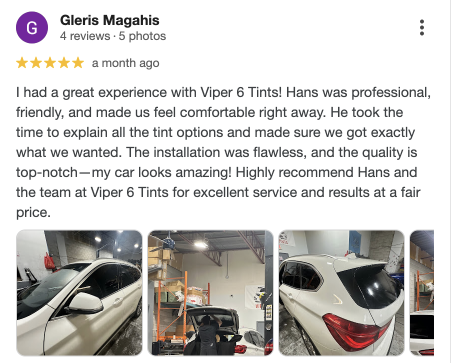 Google review for Viper 6 Tints with photos of a white car and people tinting its windows.