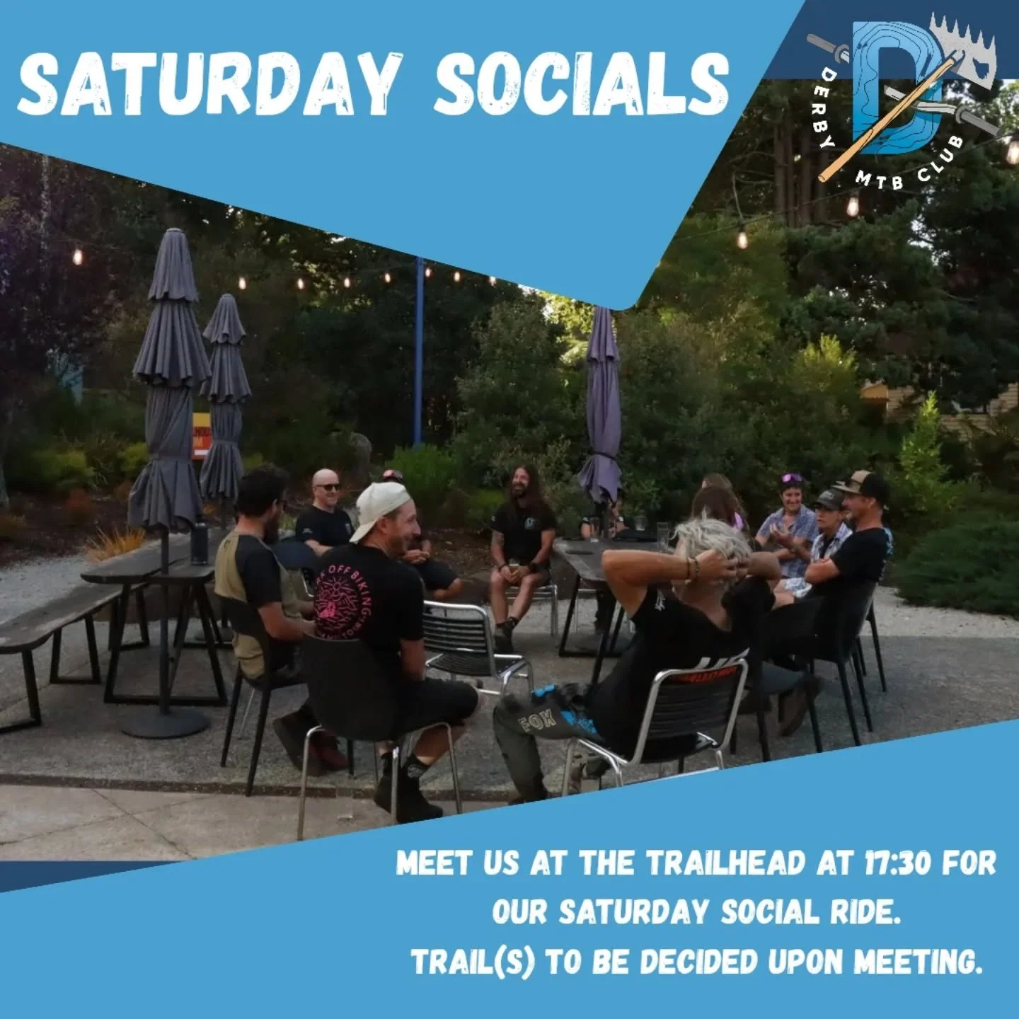 It's finally Saturday! Meet us at 17:30 down at the trailhead for our social ride!

We'll decide on the trails once we're all together!

Catch ya then!