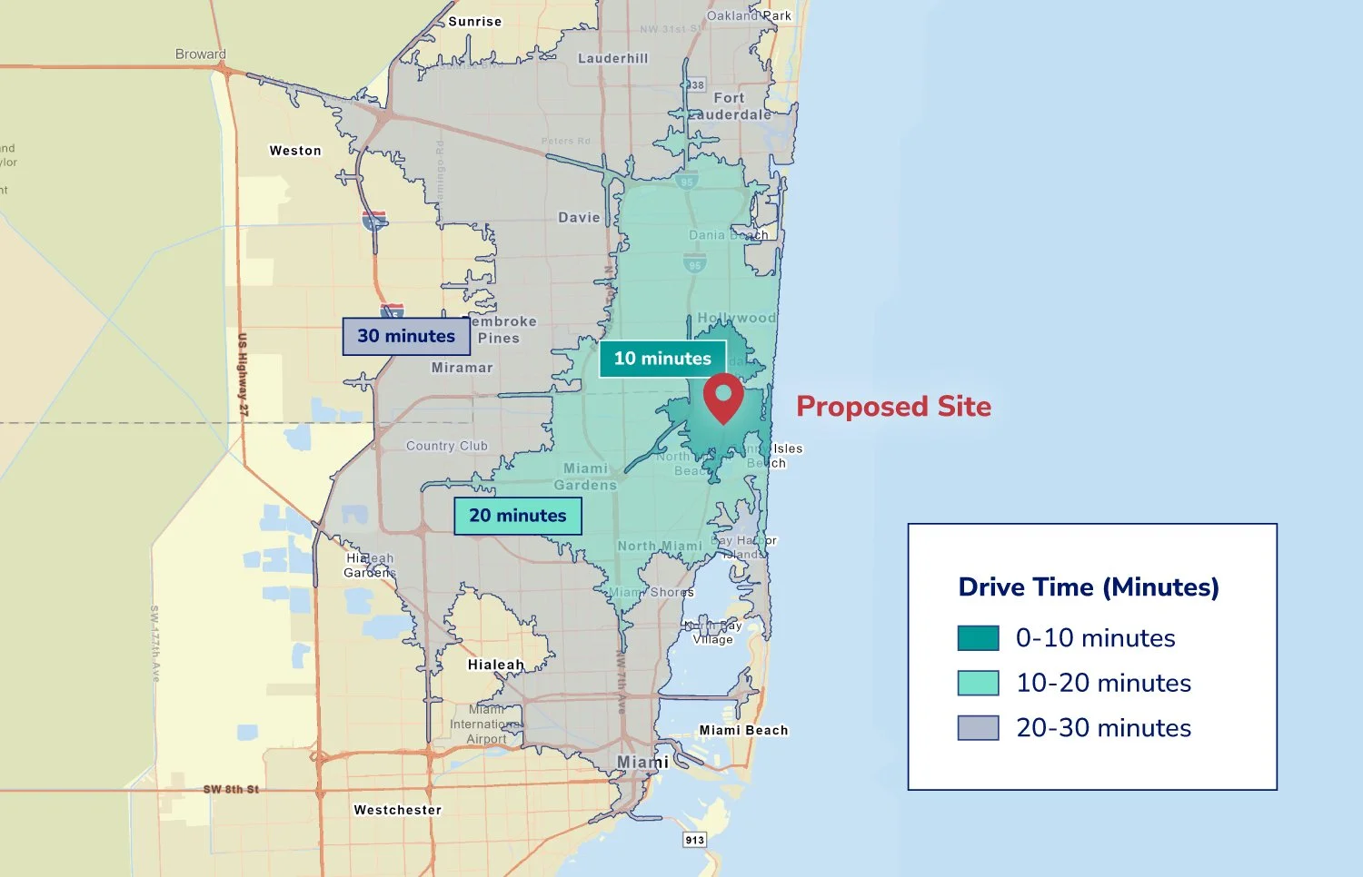 GIS drive-time analysis map showing 10-, 20-, and 30-minute catchment areas around a proposed business location.