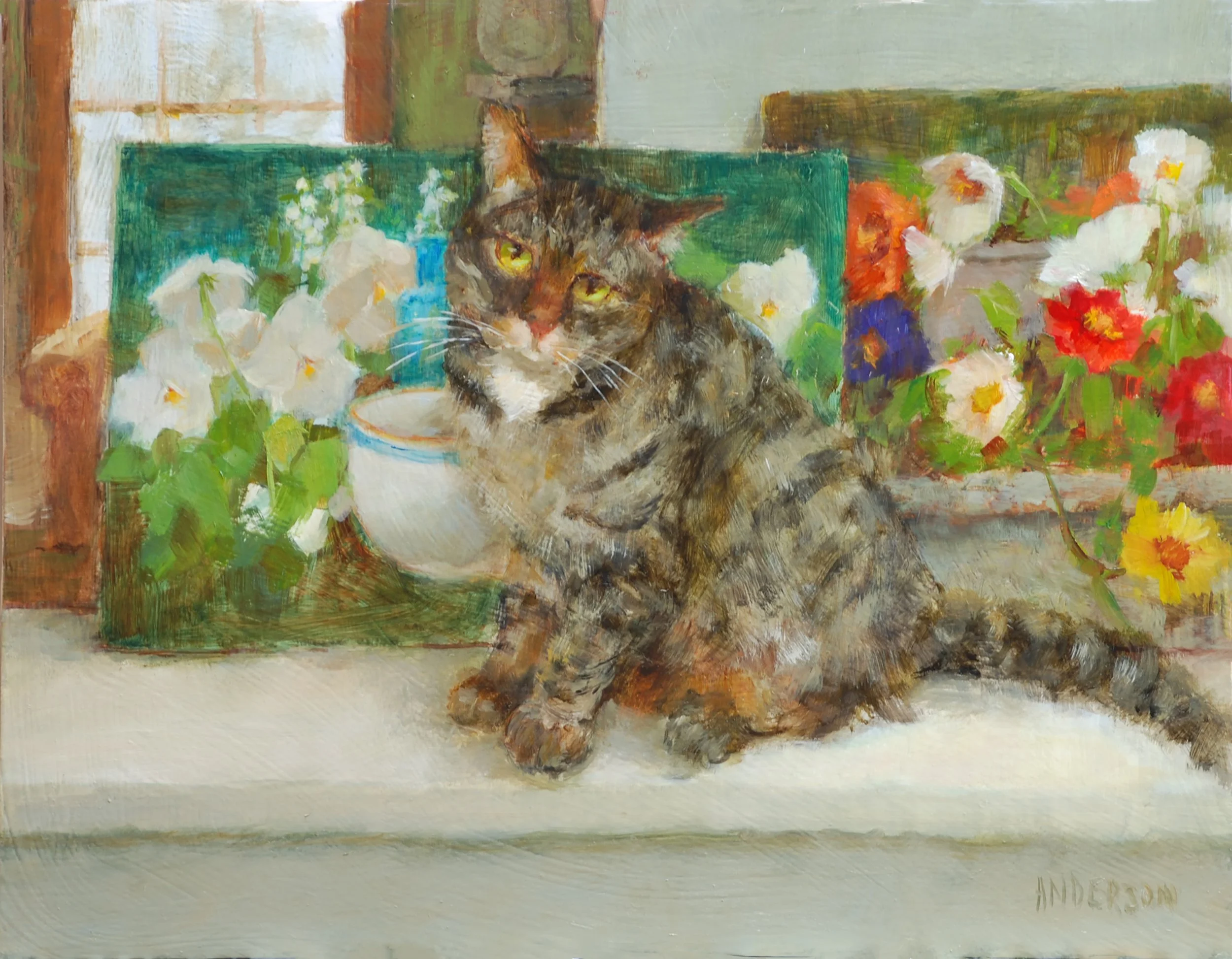 Kathy Anderson, Daisy Critiquing My Paintings, 11x14, $2,300 