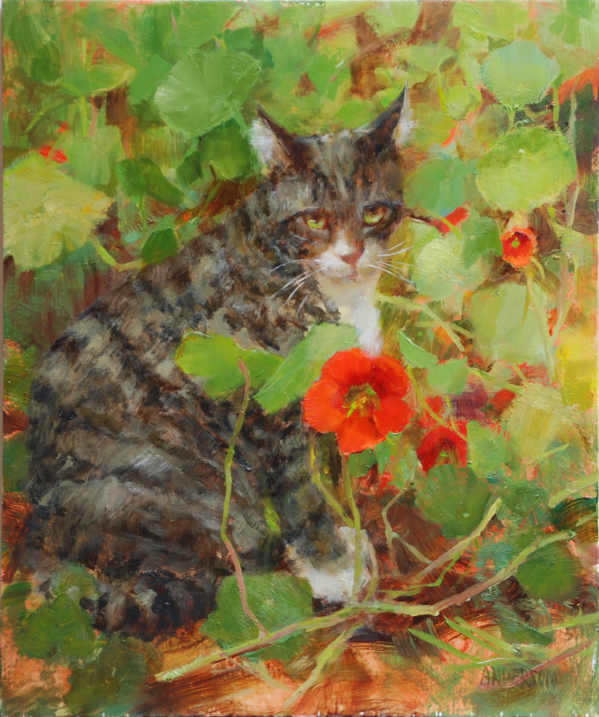 Kathy Anderson, Paco with a Red Nasturtium, 10x12, $1,800
